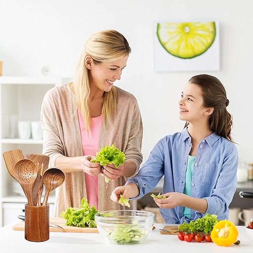 Miniatura 6 de Cucharas de madera para cocinar, 10 piezas de utensilios de cocina de madera de teca natural, utensilios de cocina de madera para cocinar, espátulas