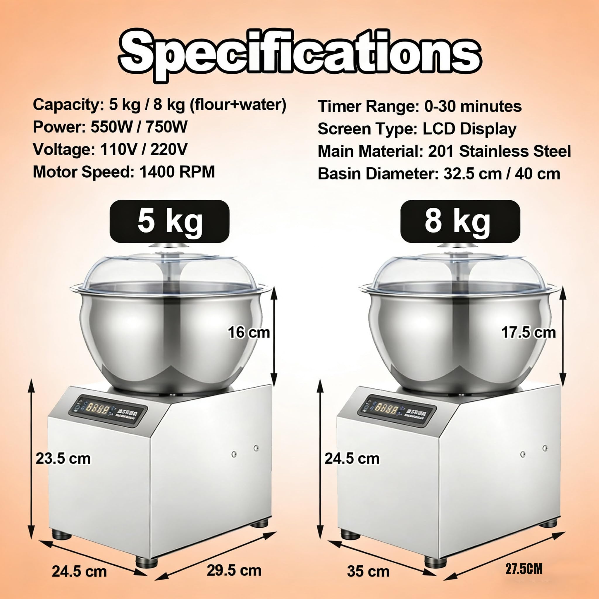 Amasadora Profesional de 1800 W, 5 kg/8 kg, con función de Calentamiento y fermentación, Pantalla LCD Digital y Temporizador, Ideal para panadería. 8kg