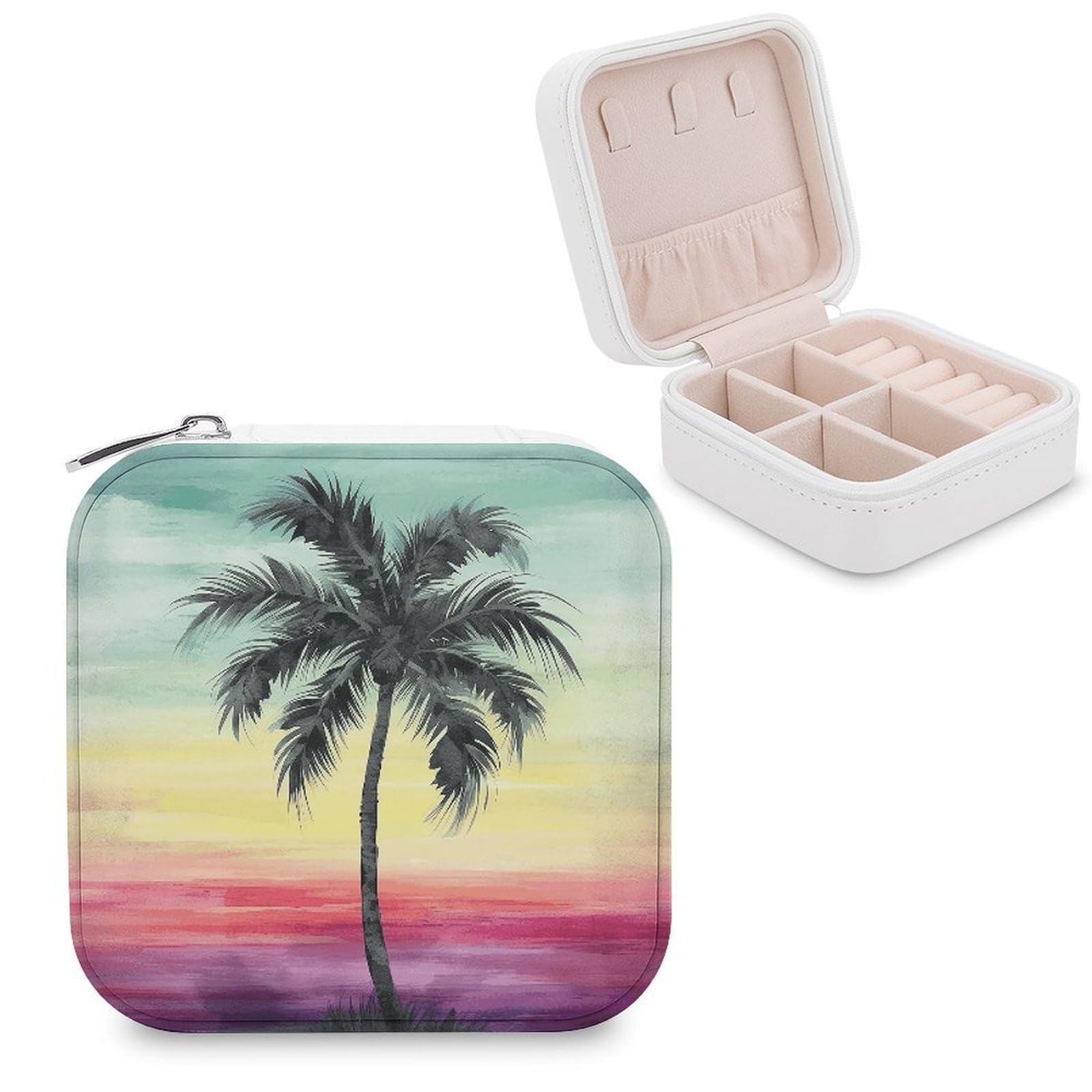 VstaDank Tropical Palm Tree Travel Jewelry Case Zipper Portable Small Jewelry Box Custom Pu Leather Mini Traveling Jewelry Organizer for Rings Earrings Necklace Bracelet Girls Women