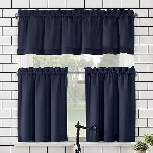 No. 918 Martine Microfiber Semi-Sheer Rod Pocket Kitchen Curtain Valance and Tiers Set, 54" x 24", Navy Blue