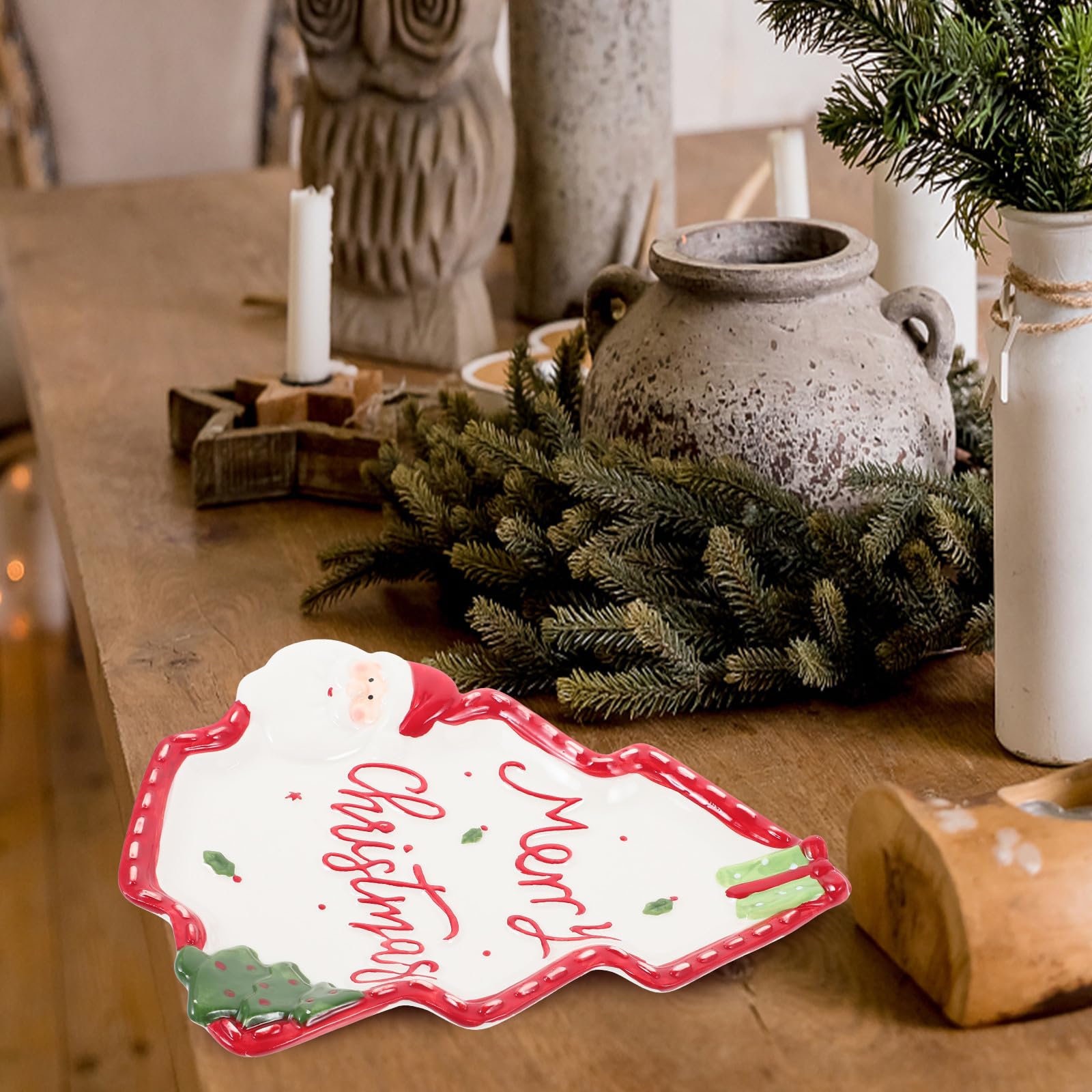 Outanaya Piatto di Natale in Ceramica a Forma di Albero Design 3d Babbo Natale, Versatile e Facile da Pulire, per Snack e Celebrazioni in Famiglia