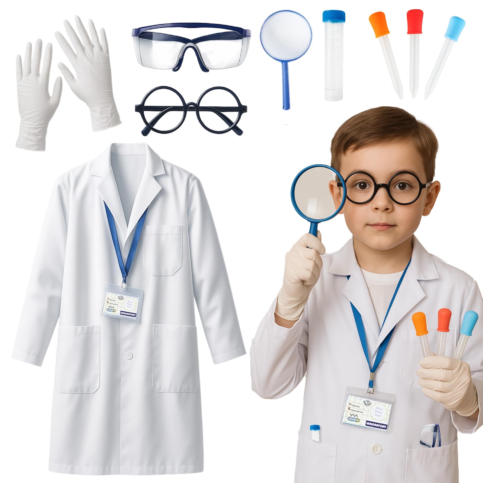 ZcrPrn Scientist Costume Kids, Halloween Costumes, 10 PCS Mad Scientist Costume Kids Set with Lab Coat, Goggles, ID Card, Gloves, Magnifying and Glass, for Halloween Science Week Cosplay Party (L)