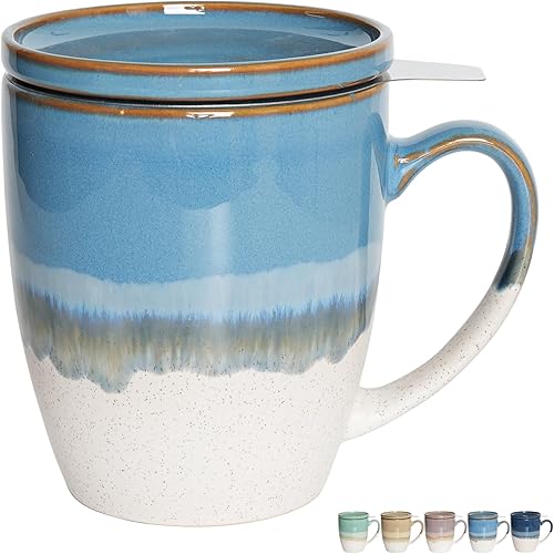 Bosmarlin Taza de té de cerámica con infusor y tapa, 16 onzas, 5 colores para elegir, apta para lavavajillas y microondas, esmalte reactivo, taza de