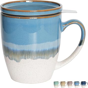 Bosmarlin Ceramic Tea Cup with Infuser and Lid, 16 Oz, 5 Colors to Choose, Dishwasher and Microwave Safe, Reactive Glaze, Steeping Tea Mug with Strainer Blue