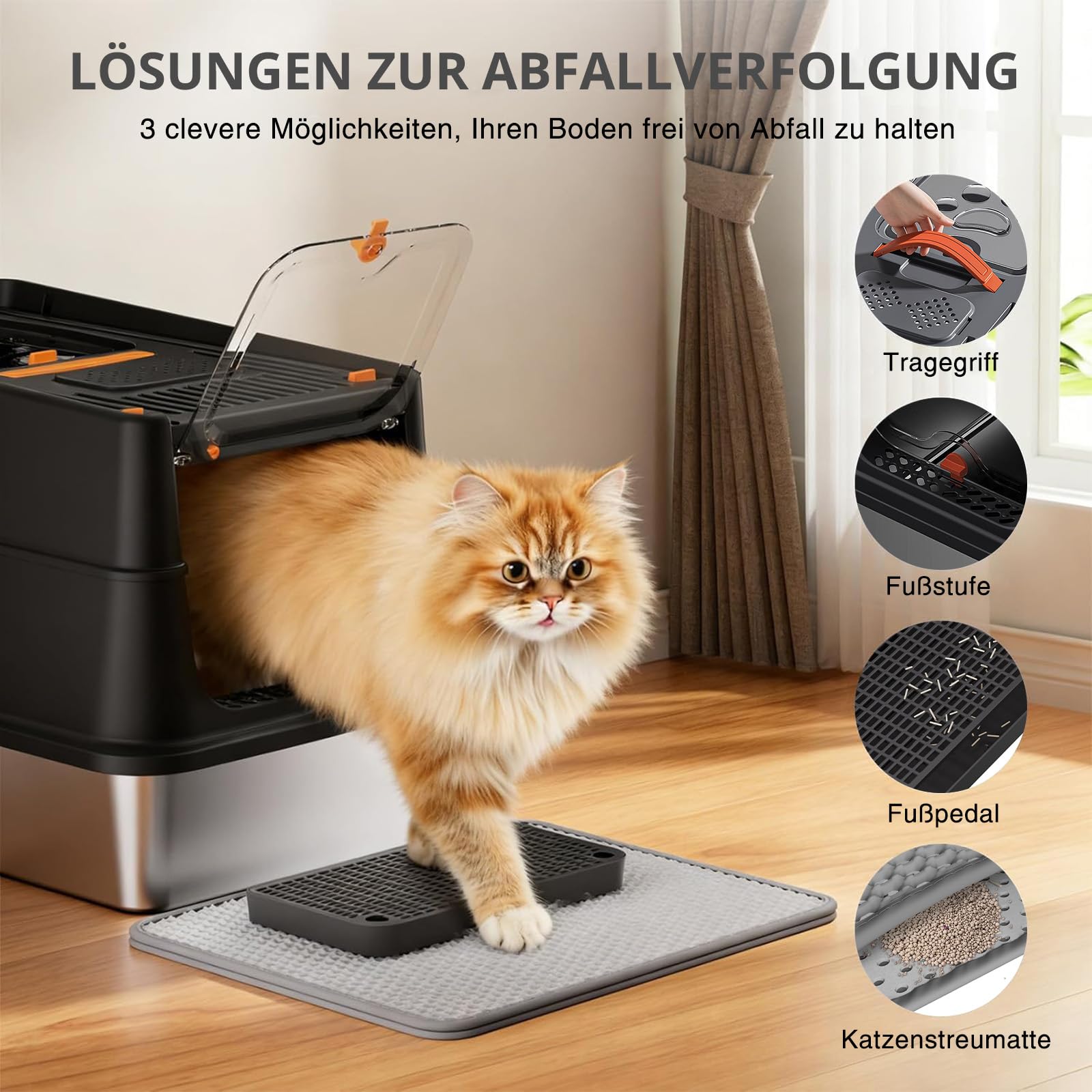 Katzentoilette aus Edelstahl, XXL geschlossene Katzentoilette mit Deckel, leicht zu reinigen, hochseitiges Metall-Kitty, mit Einstieg Oben, Schaufel, Matte, Bürste & Fußpedal-Schwarz