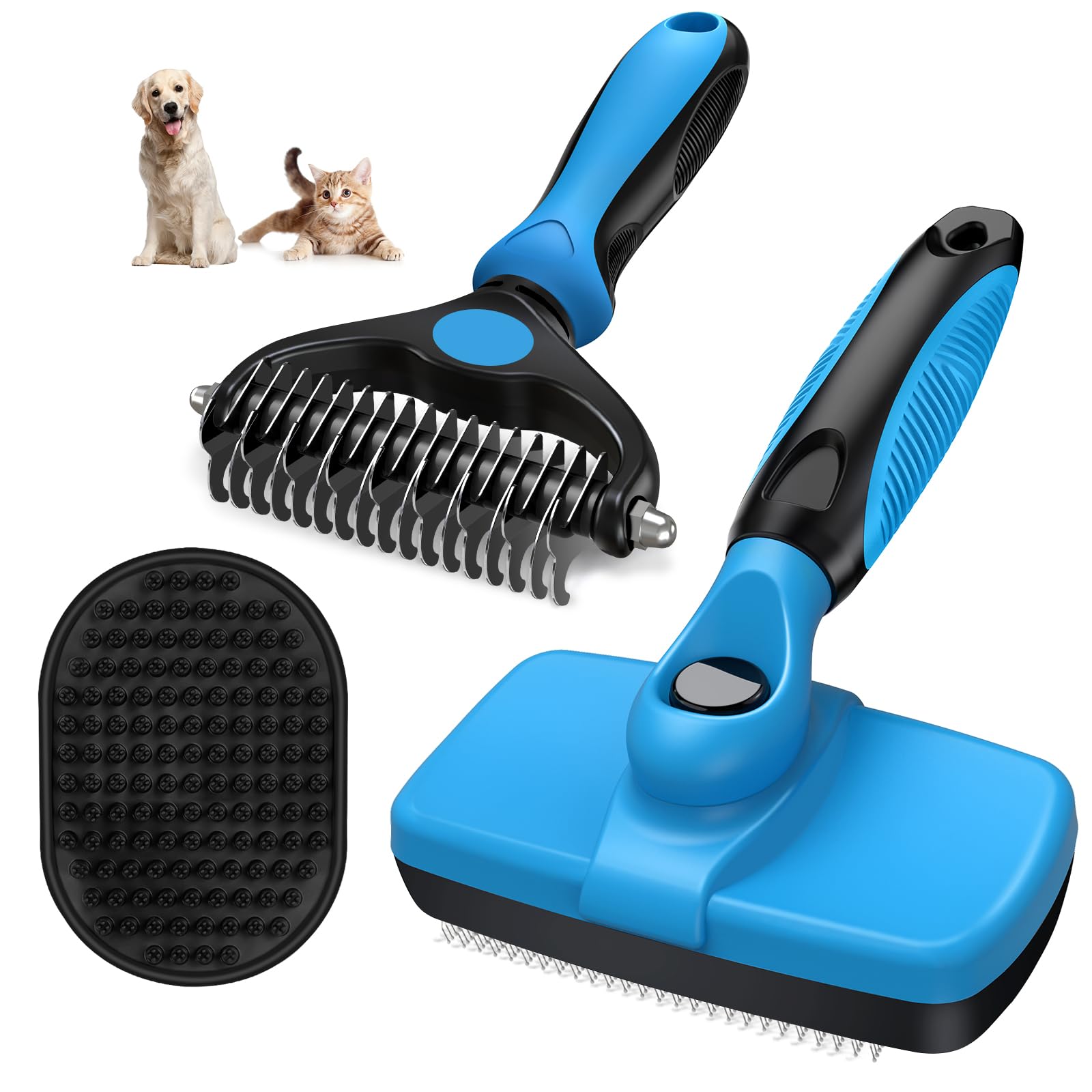 3PCS Self Cleaning Slicker Brush & Pet Grooming Rake & Bath Brush for Dogs and Cats | Double-Sided Dematting Pet Comb & Skin Friendly Deshedding Grooming Tool | Premium Pet Supplies (Blue Black)