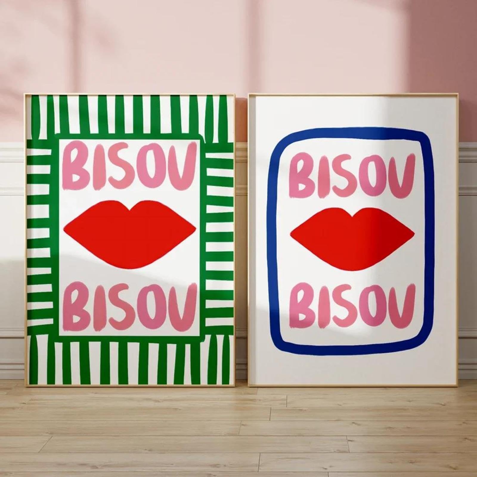 Baibexing Pink Maximalist Eclectic French Quotes Bisou Bisou Bonjour Bonne Nuit Wall Art Canvas Painting Posters Living Room Home Decor 50X70cmx2pcs Unframed