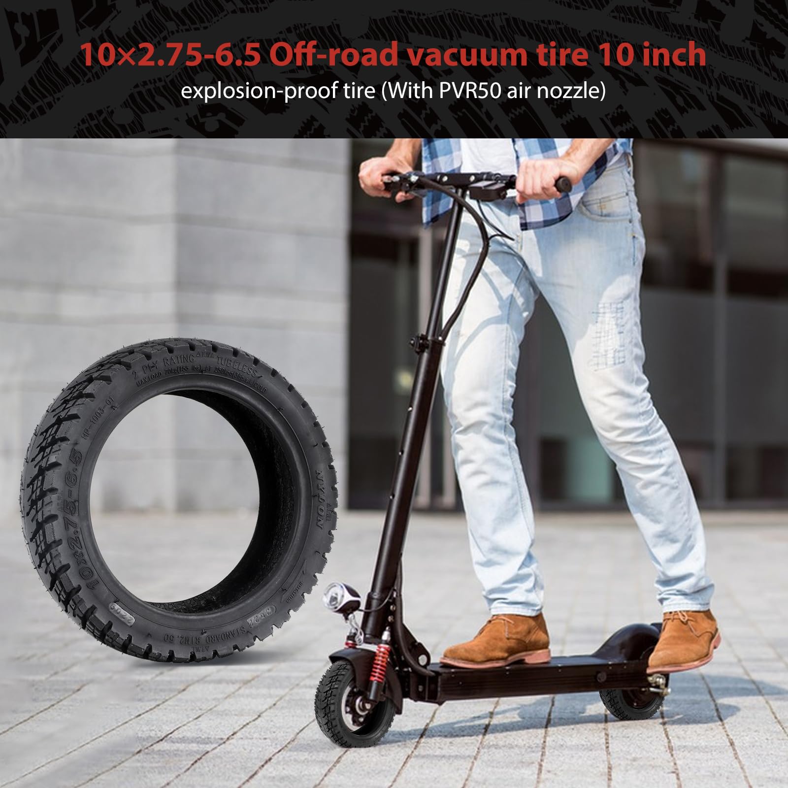 10x2,75-6.5 Pneumatico per Scooter Elettrico，10 Pollici Ruote Monopattino Elettrico Ruota di Ricambio Anteriori/Posteriori，Pneumatici sottovuoto senza camera d'aria con PVR50 valvola