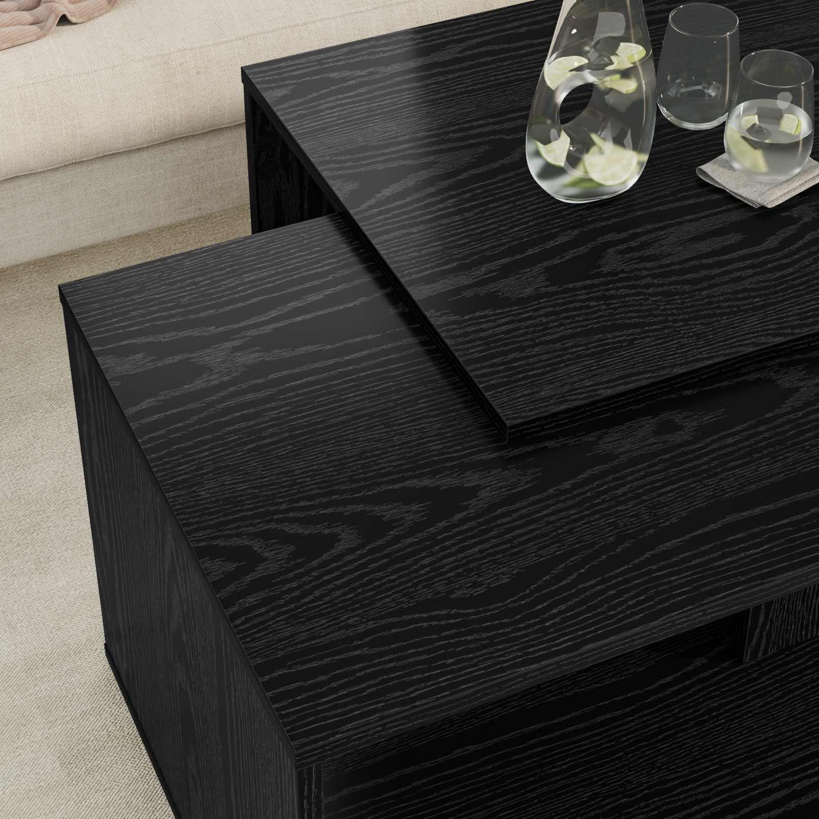 Set di 2 tavolini da caffè in legno effetto rovere, colore nero | Tavolini rettangolari per il soggiorno, posizionabili in modo flessibile e facile da pulire, con superficie stabile.