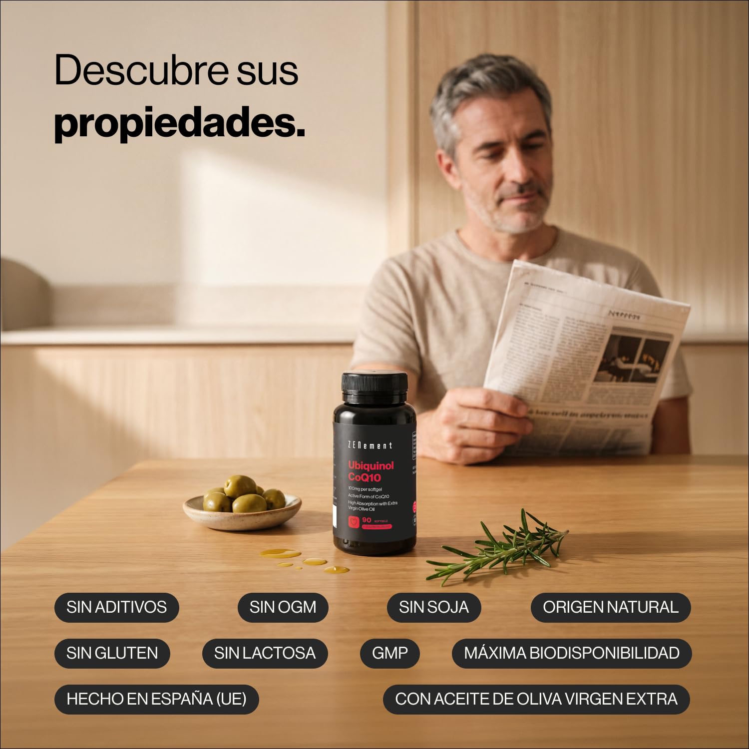 Ubiquinol 100 mg – CoQ10 Forma Activa y Reducida – Alta Absorción con Aceite de Oliva Virgen Extra – 90 Cápsulas Blandas, 3 Meses de Suministro – Zenement