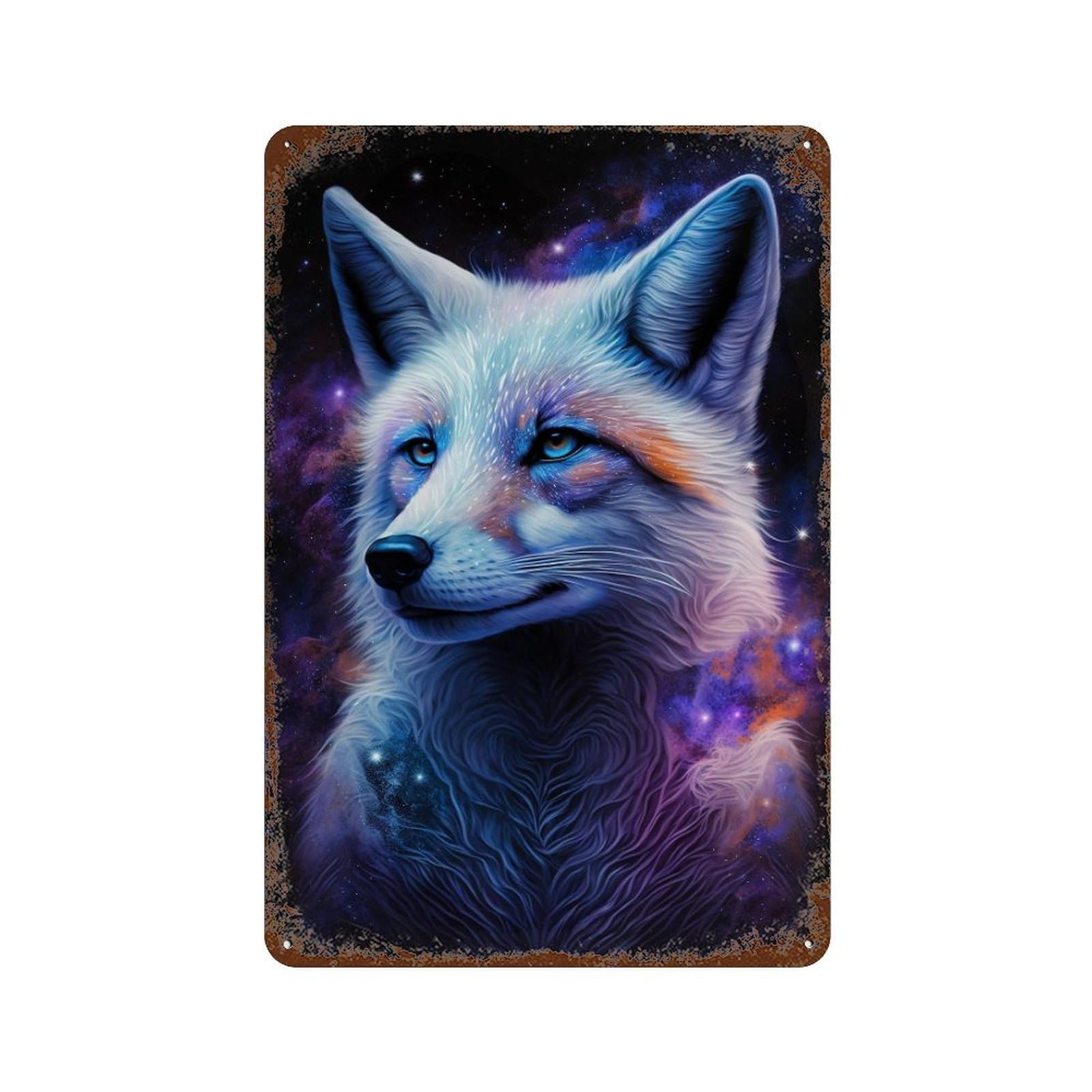 Garage Style Cosmic Fox Art Print-4 Rusty Metal Tin Sign 11.8"x7.9", Shabby Chic Decor for Bar And Workshop