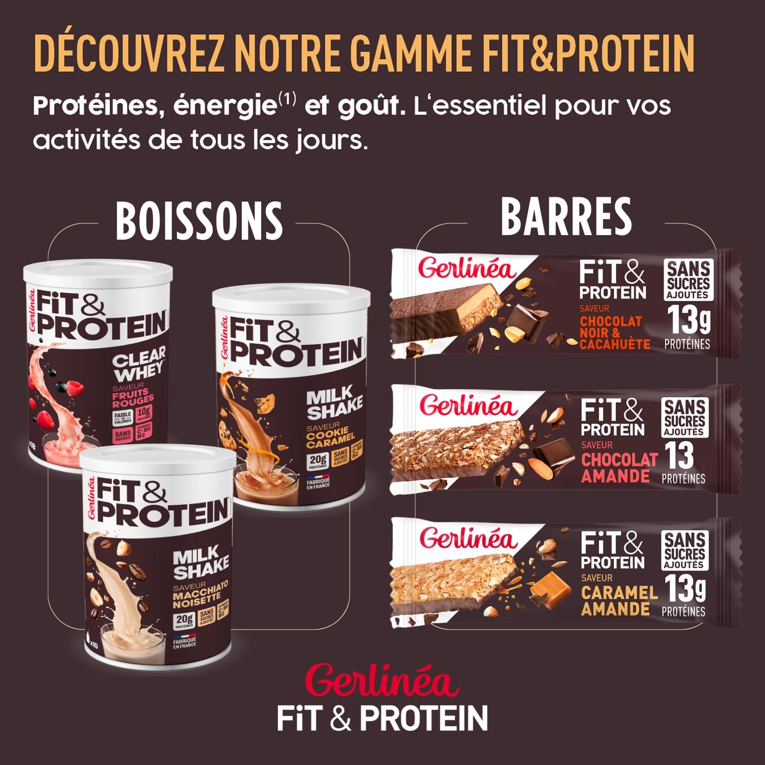 Gerlinéa Fit&Protein - Barres Protéinées saveur Caramel Amandes - Sans Sucres Ajoutés - 13 gr protéines par barre de 45g - Protéines Après le Sport - 16 barres