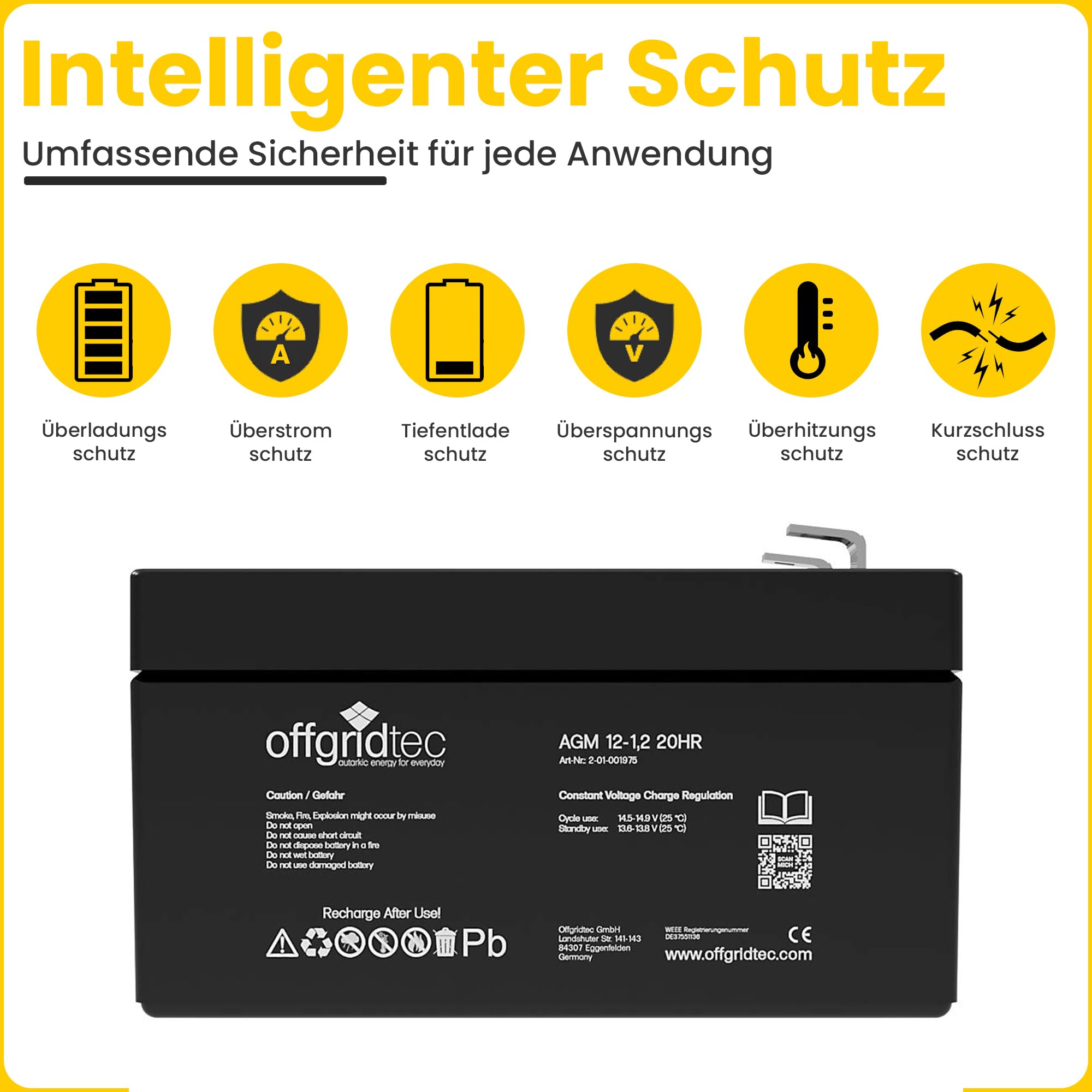 Offgridtec Agm Batteria Solare Estremamente Zyklenfest 1,2 Ah 20 Stuende 12 V, 2 – 01 – 001975