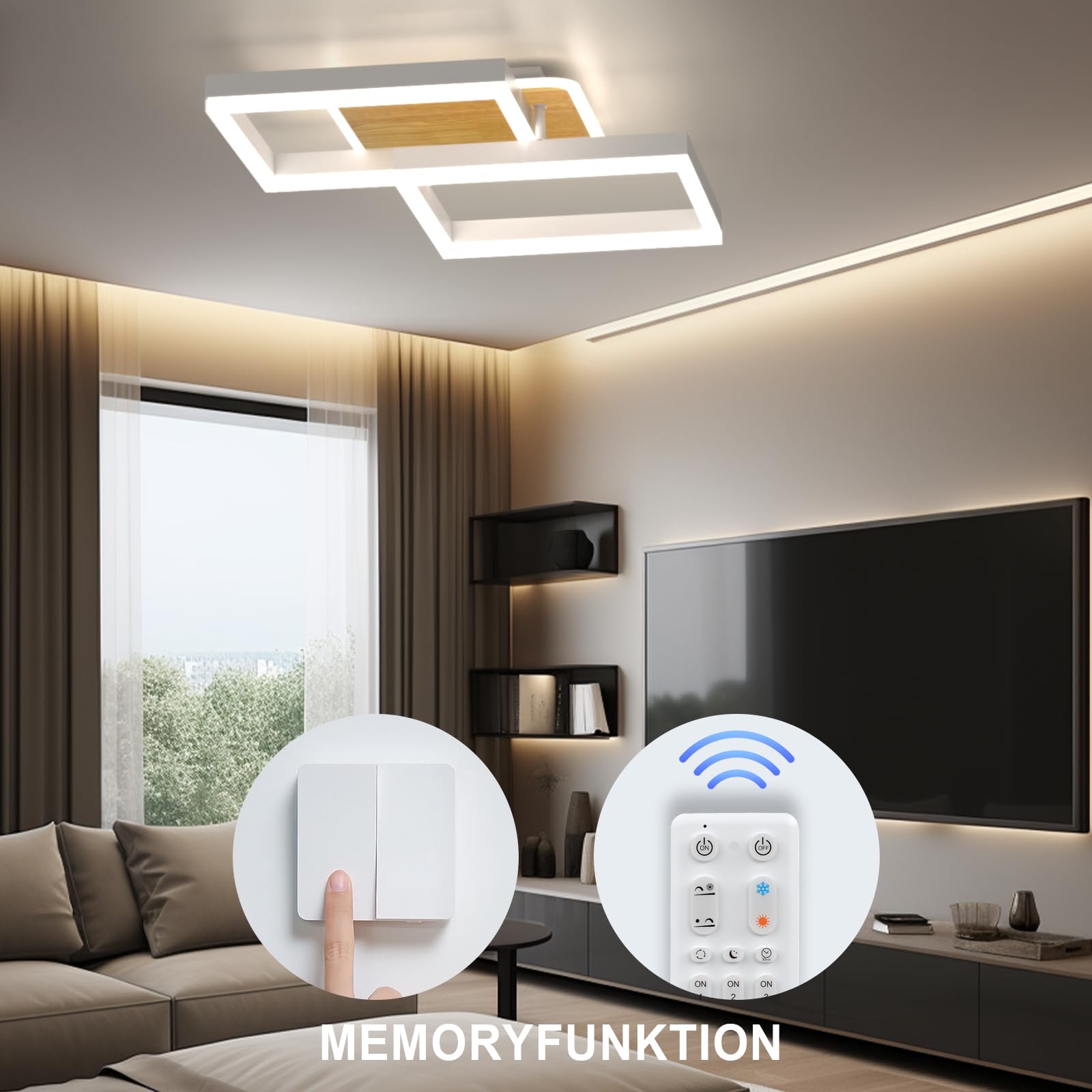 ANTENLICHT plafoniera led soffitto moderna plafoniera salotto Dimmerabile, 40W 3600LM Lampada da Soffitto, Funzione di Memoria, per Soggiorno, Camera da Letto, Sala da Pranzo, Legno-Bianco 65x42x12cm