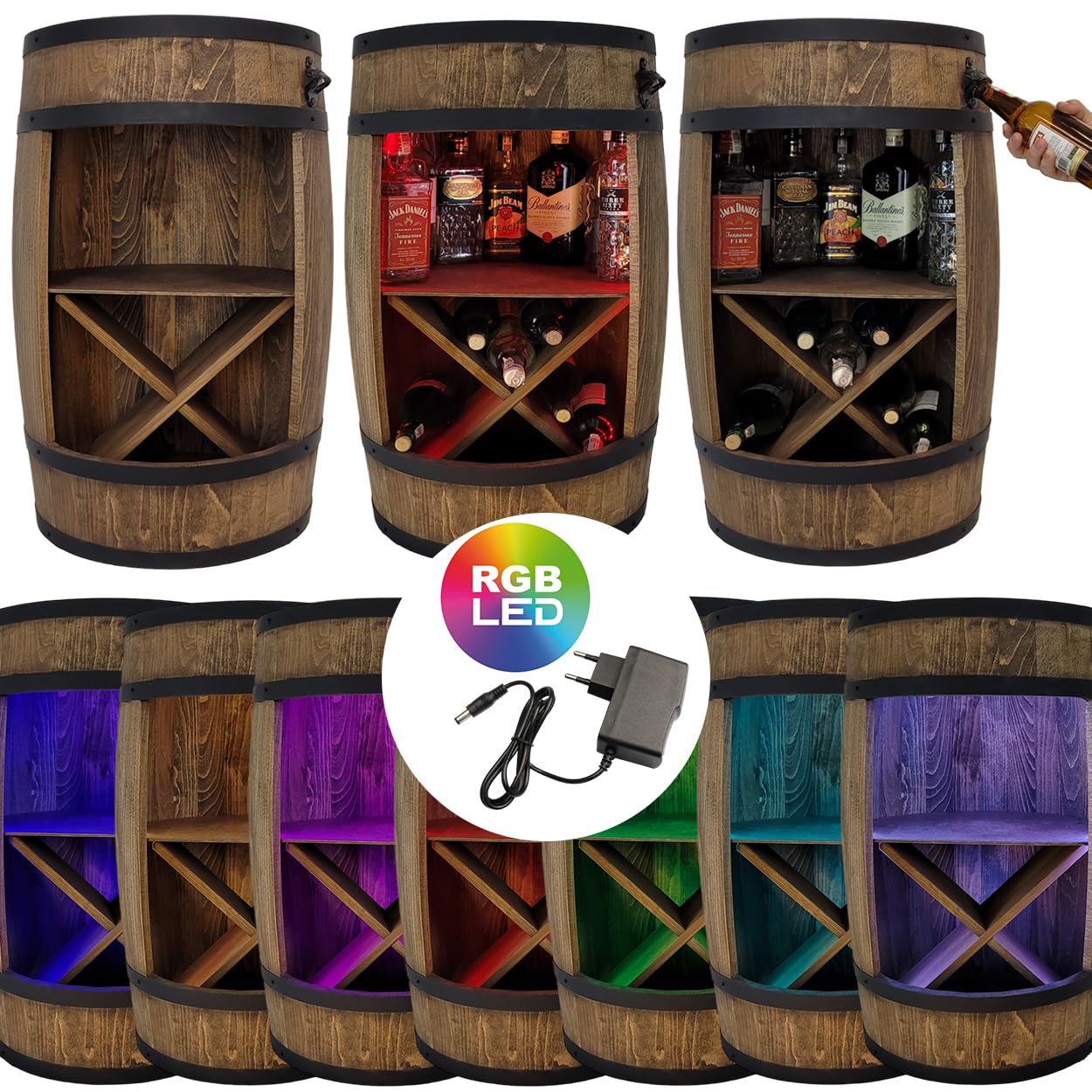 weeco Holzfass mit Flaschenöffner und Weinregal. Fassbar 80cm - Rustikale deko Barschrank - Hausbar RGB Weinrefal, Fassbier, Whisky Bar. Geschenk für Männer (Dunkelbraun/wenge)