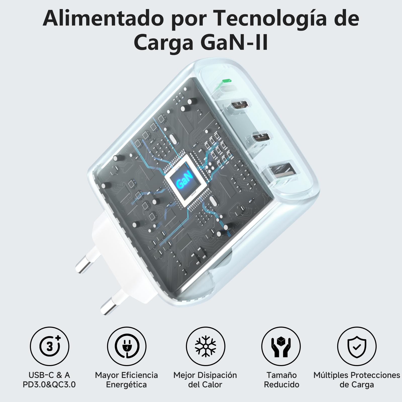 65W Cargador USB C con GAN Tecnología, 3-Ports PPS USB Cargador Rápido, PD & QC3.0 Alimentación con Cable USB C 2m para iPhone 16 Pro/15 Plus, para Galaxy S24/23/S22, para MacB00k Pro/Air, etc