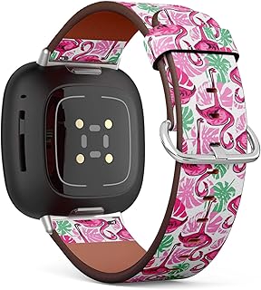 CJBROES Replacement Leather Watch Band, Compatible with Fitbit Versa 3 and Fitbit Sense of Wristband Bracelet Accessory - Flamingo Tropical Design