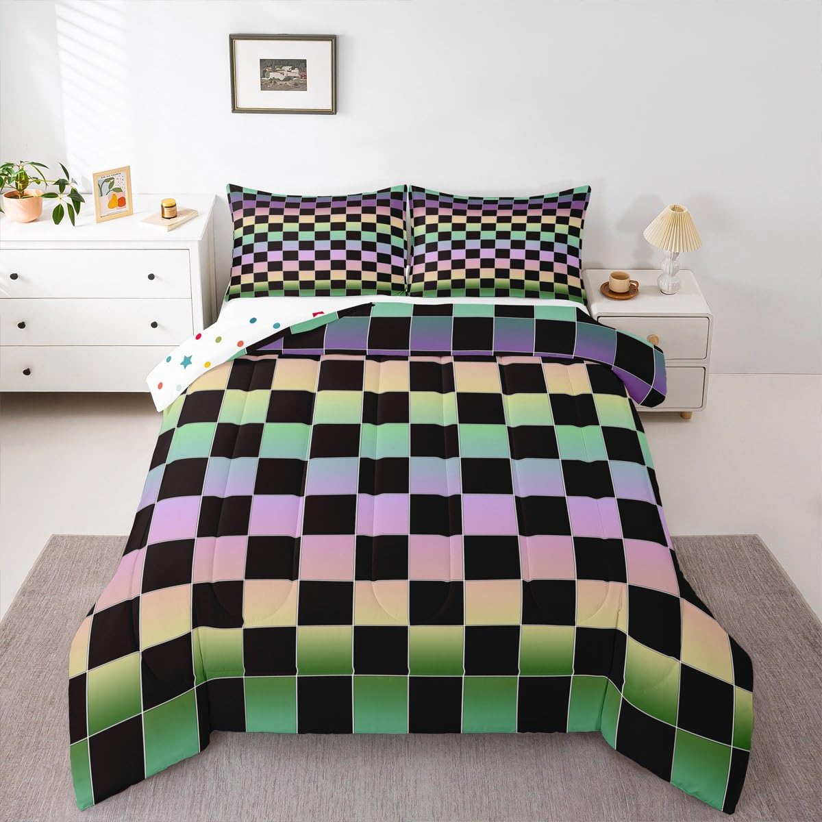 Erosebridal Kids Black Checkered Comforter Set Twin,Rainbow Ombre Plaid Bedding Set for Boys Girls Colorful Geometric Checkerboard Quilt Comforter,Aesthetic Grids Duvet Fashion Room Decor 2 Pcs