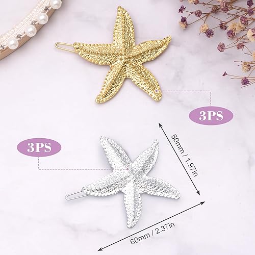Miniatura 2 de 6 pinzas para el pelo de estrella de mar, sirena, estrella de mar, cola de caballo, flequillo dorado y plateado con purpurina, accesorios para el