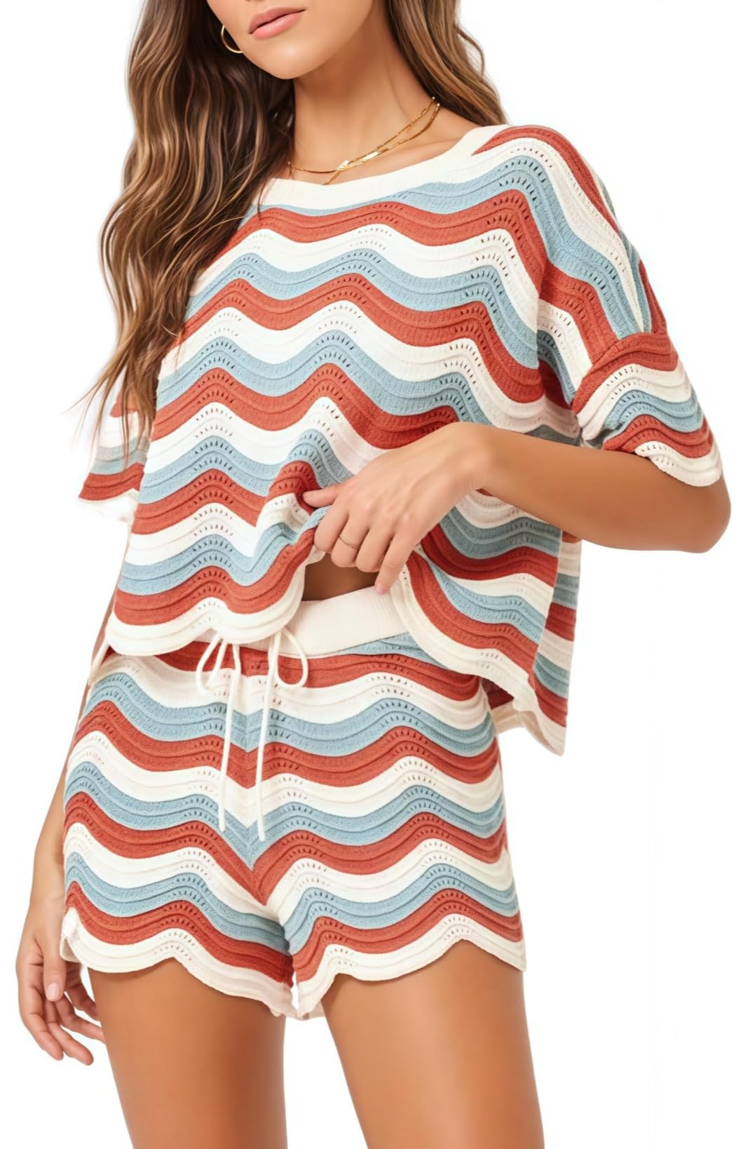 2 Piece Sets for Women Short Sleeve Striepd Crochet Cover Up Tied Shorts Beach Clothes-image-6