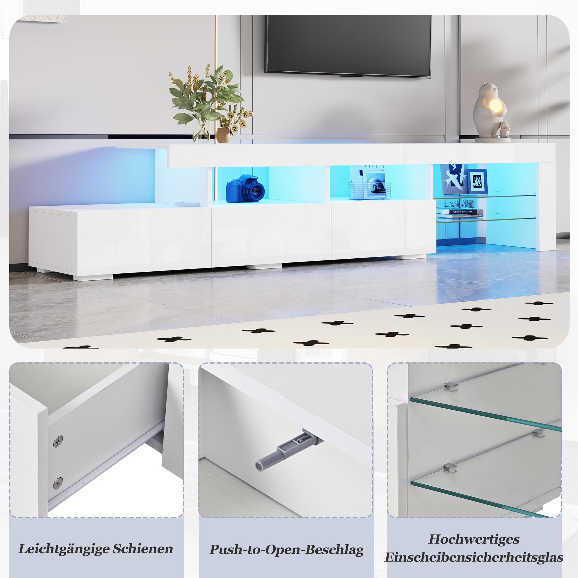 Meuble TV 180 cm Blanc Laqué avec Éclairage LED Piloté par App, Banc TV Moderne pour Téléviseurs jusqu'à 75 Pouces, 3 Tiroirs Push-to-Open et 7 Compartiments de Rangement pour Salon et Chambre