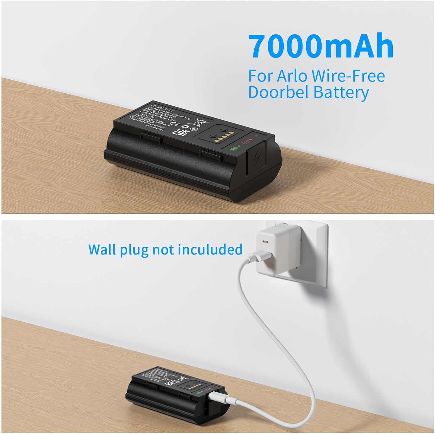 E EGOWAY Rechargeable Backup Battery for Arlo Wire-Free Video Doorbell, 7000mAh Replacement Battery Compatible with AVD2001 AVD2001B VMA2400 A-12, Long-Lasting Power Supply for Arlo Doorbell Camera