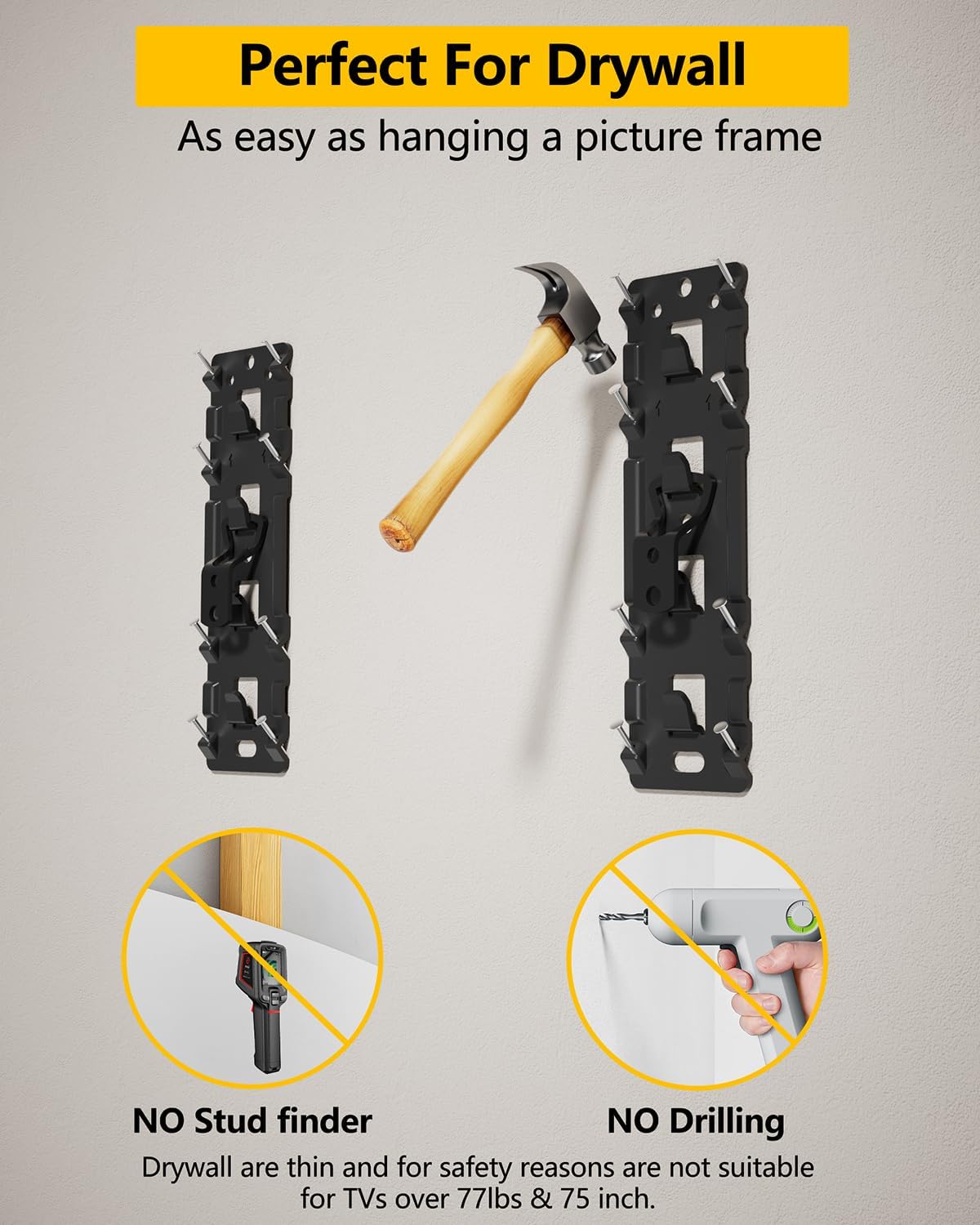 FORGING MOUNT No Stud TV Wall Mount,Drywall Wall Mount for 26-100" TVs/Monitors,Holds Up to 176LBS, Height Adjustable,1.17'' Low Profile Studless TV Mount,No Drilling No Finder Required,Easy Install