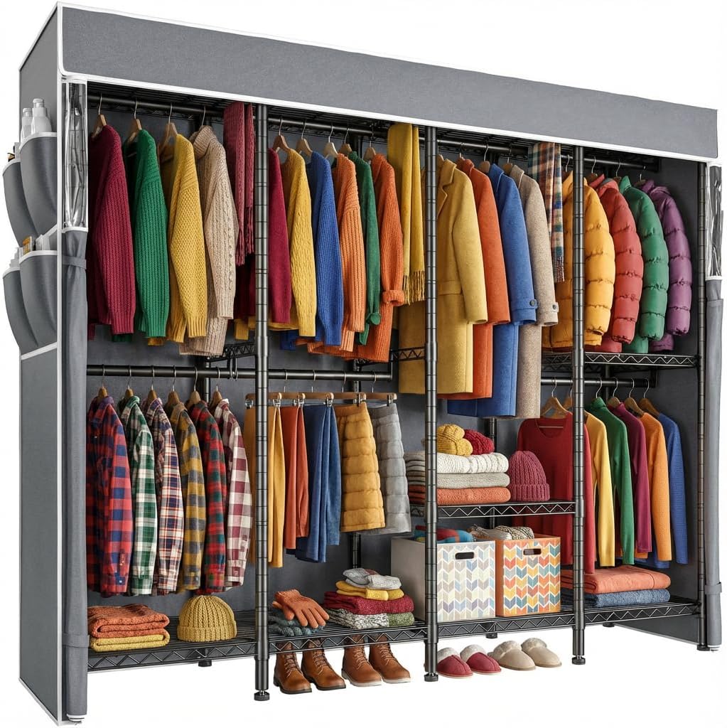 Raybee Clothes Rack with Cover,1100 LBS,Clothing Racks for Hanging with 10 Shelves& 7 Rods,Portable Closet Heavy Duty,Adjustable,Freestanding Garment Rack,Black,75.8" W x 17.7" D x 76.9" H