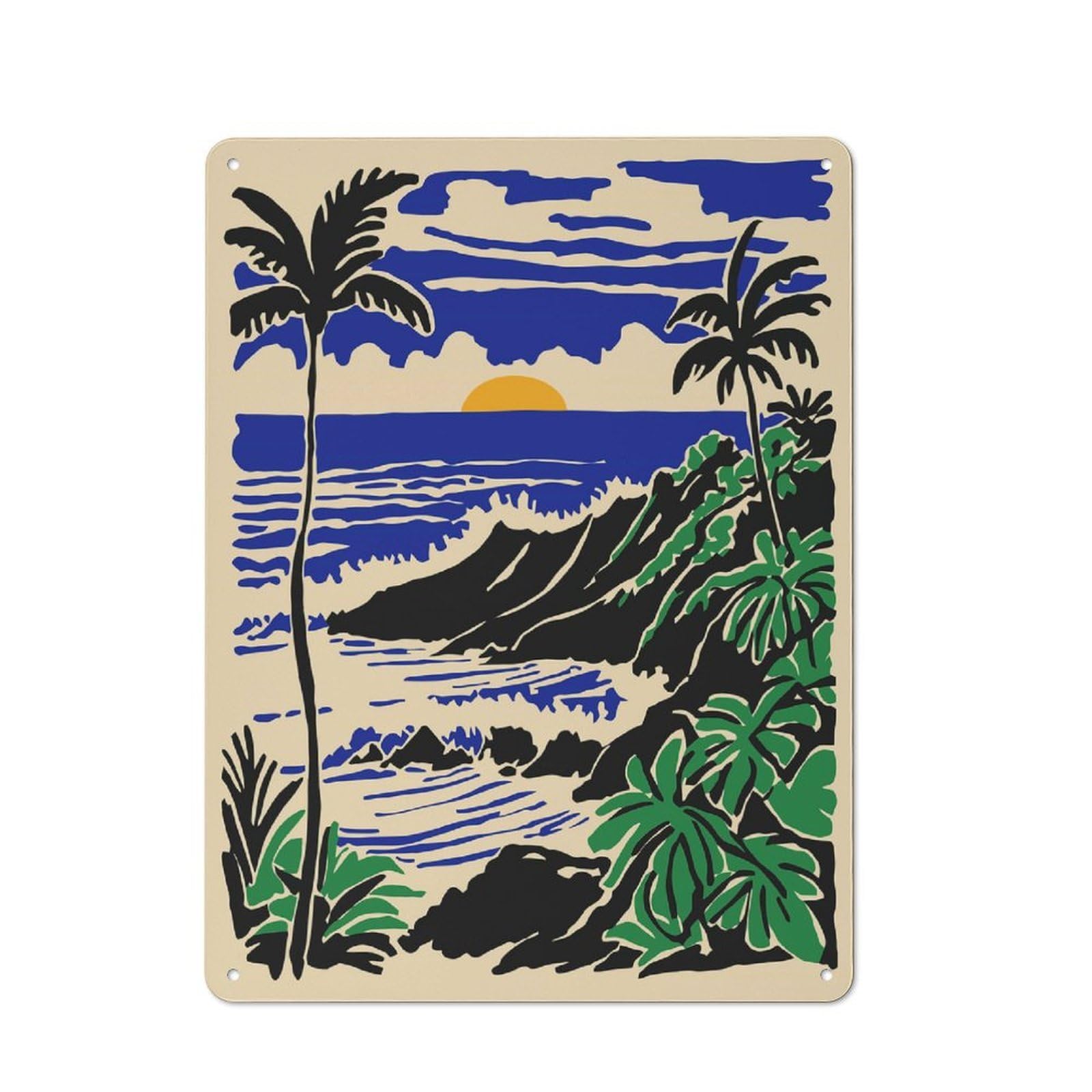 Junmoney Style-21 Tin Wall Plaque 40X30cm With Tropical Sunset Over Rocky Coastline For Garage Wall, For People Furnishing A Garage, For Retro Home Interiors