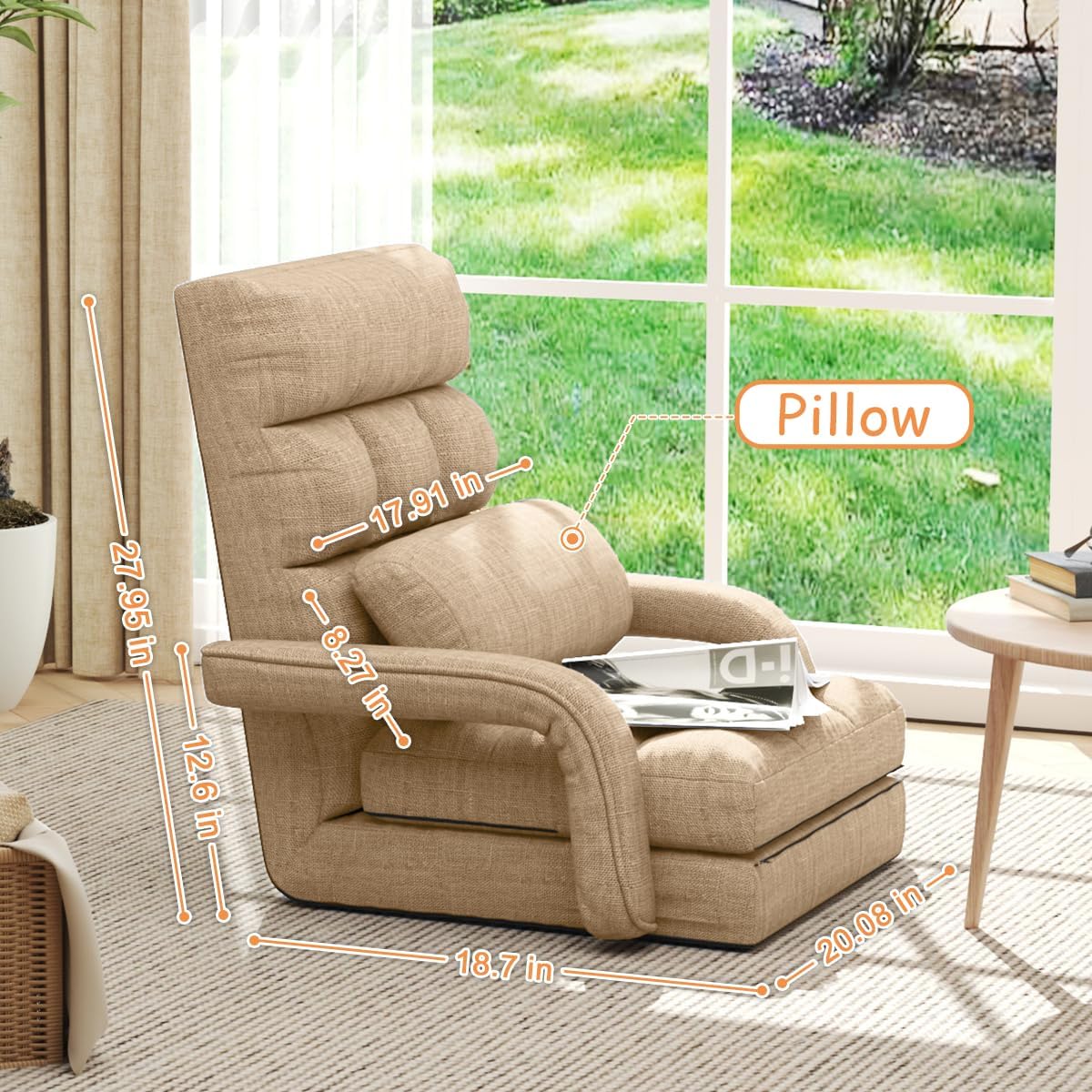 Floor Gaming Chair, 6 Position Adjustable Indoor Chaise Lounge Chair for Teens Adults, Padded Folding Meditation Sofa with Armrests and Pillow, Comfy Chair for Teens, Adults, Pets - Light Camel