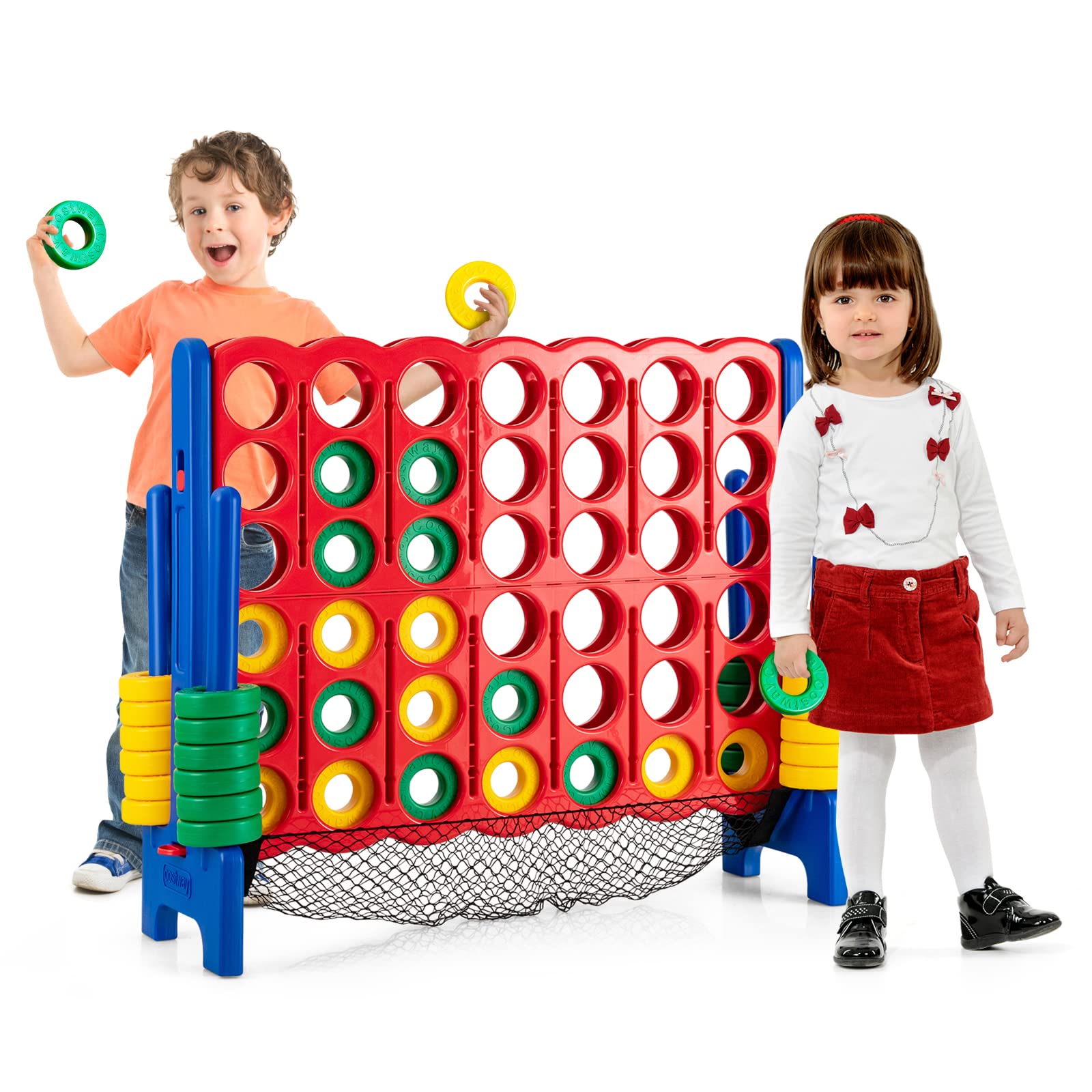 HOMASIS Riesiges 4 Gewinnt Spiel, 4 in Einer Reihe Spiele, Strategiespiel mit 42 Ringen & & Schieberegler, XXL Brettspiel Spielzeug Vier Gewinnt Spiel für Kinder & Erwachsene Outdoor (Blau+Netz)