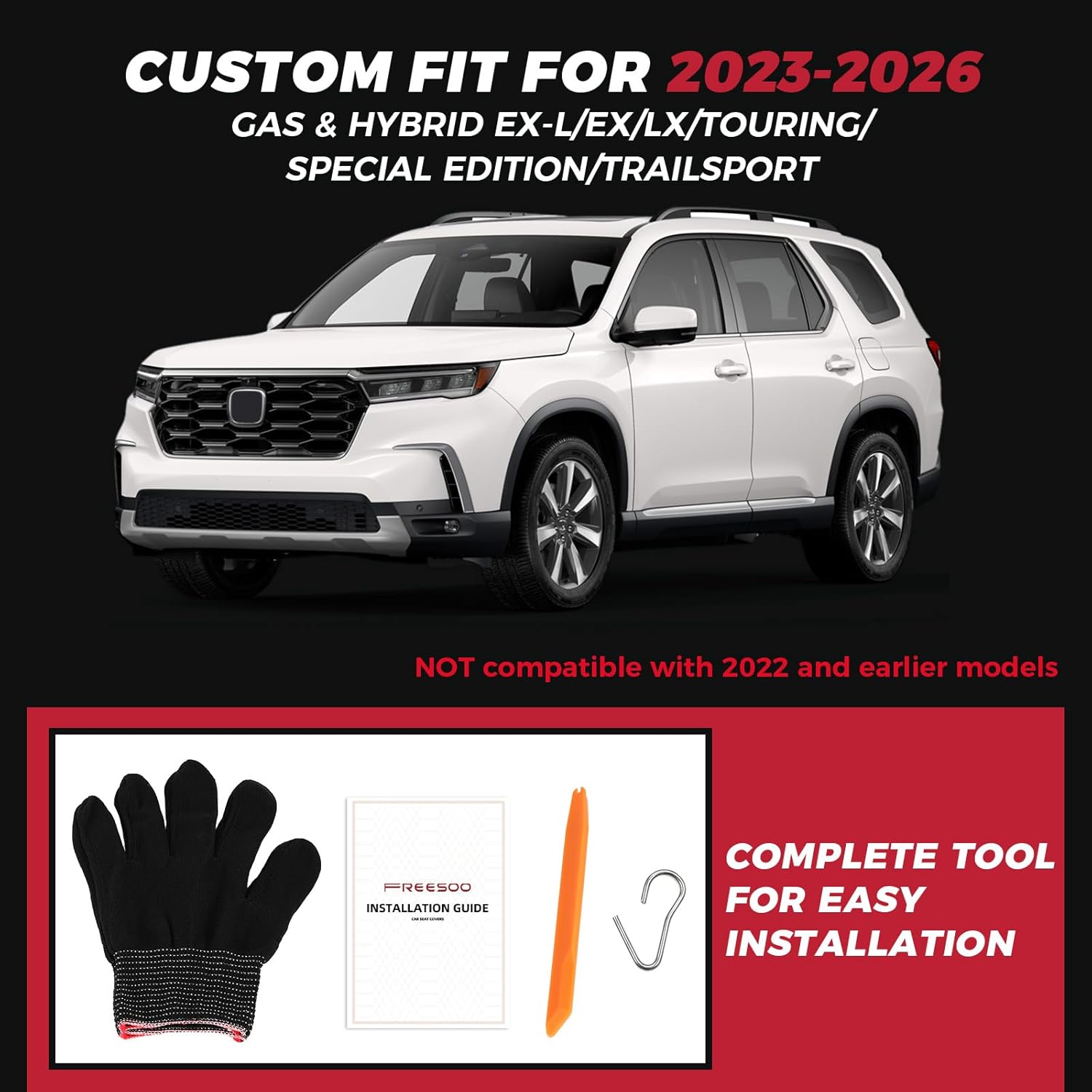 FREESOO for Honda CRV Seat Covers - Custom Fit CRV Seat Covers 2023 2024 2025 2026 EX-L/EX/LX/Sport/Touring/Trailsport Hybrid & Gas - Waterproof Leather CRV Car Seat Cover Full Set - Black Black CR-V 2023-2026 Full Set