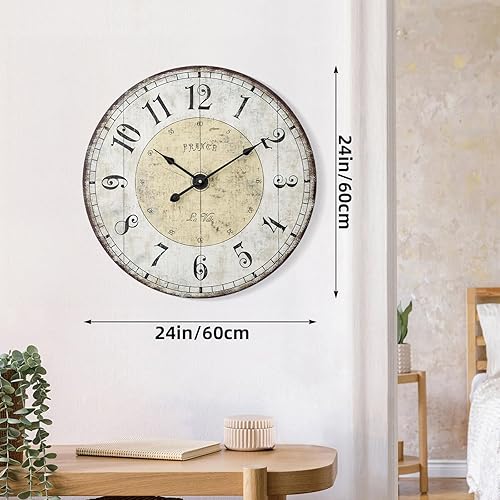 Miniatura 7 de MODE HOME Reloj de pared grande de 24 pulgadas, relojes de pared redondos rústicos para decoración de sala de estar, reloj silencioso sin tictac a