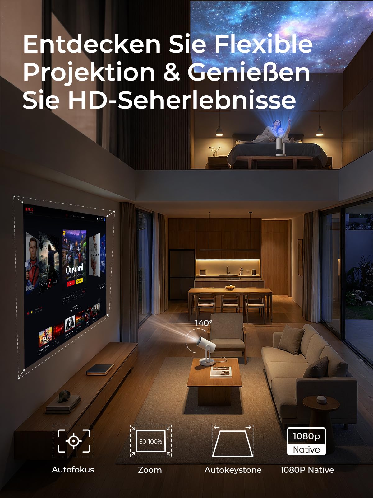 Mini Beamer mit Google TV/Netflix offiziell, ETOE Sternenhimmel-Projektor mit Autofokus/Keystone, FHD 1080P, Sprachsteuerung, Vollständig Geschlossen, 140° Schwenkbar, Nachtlicht für Schlafzimmer