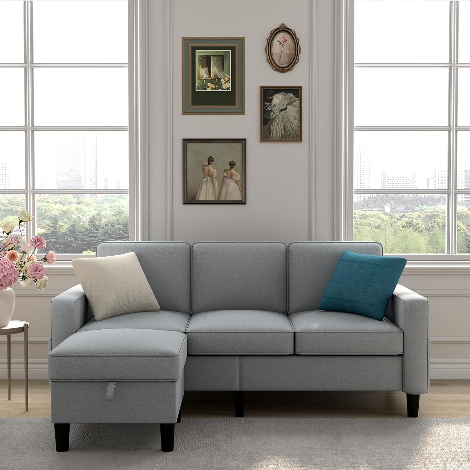 Livavege Convertible Sectional Storage Chaise and Ottoman, Linen Upholstered Backrest, Reversible Corner 3 Person Couch for Small Living Room, Apartment, L Shape Sleeper Sofa-Light Gray Livavege Convertible Sectional Storage Chaise and Ottoman, Linen Upholstered Backrest, Reversible Corner 3 Person Couch for Small Living Room, Apartment, L Shape Sleeper Sofa-Light Gray