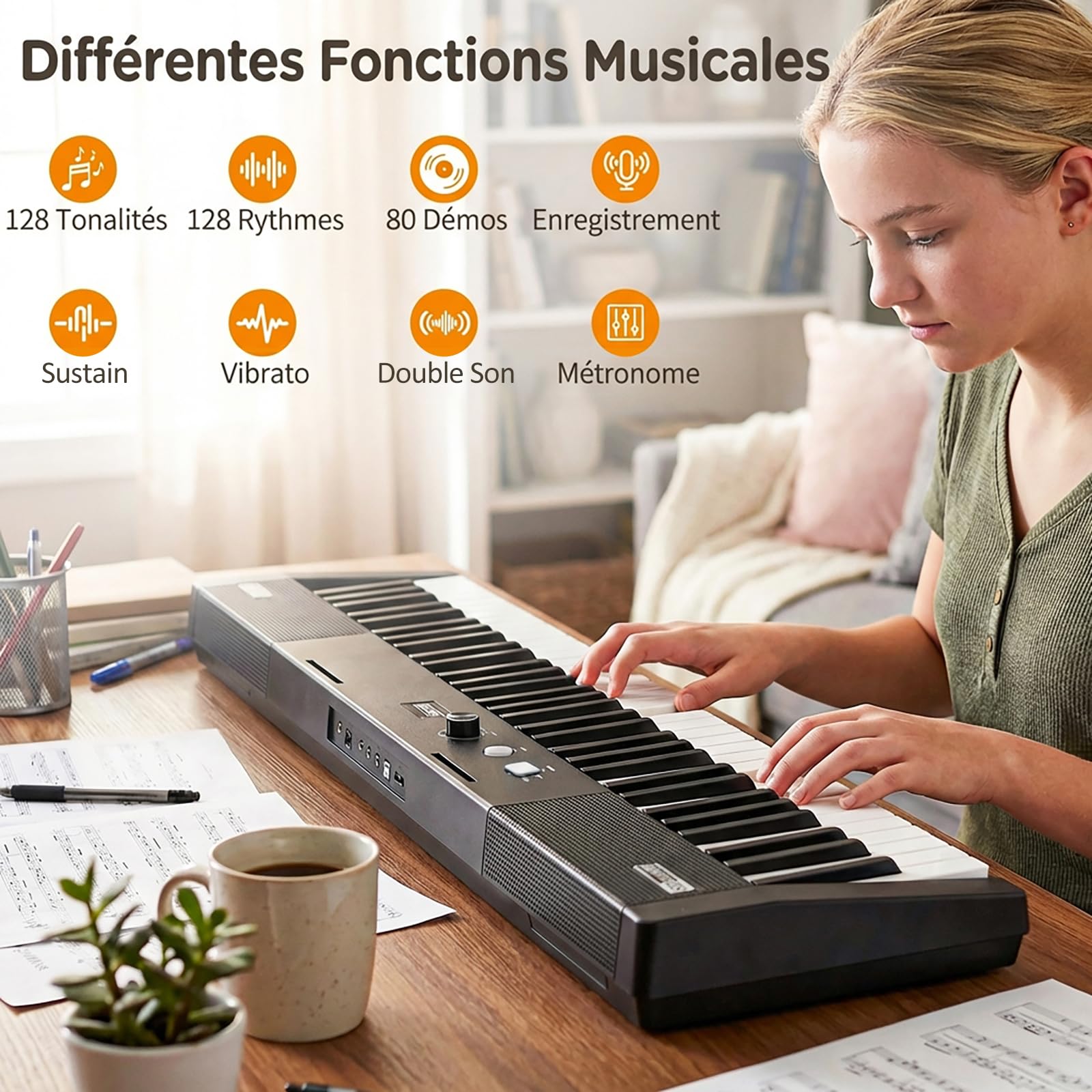 COSTWAY Piano Numérique 61 Touches avec Tabouret et Support Réglable, Clavier Piano Taille Complète avec Casque, Pupitre, Pédale de Sustain, Fonction MIDI, 128 Sons 128 Rythmes pour Débutants