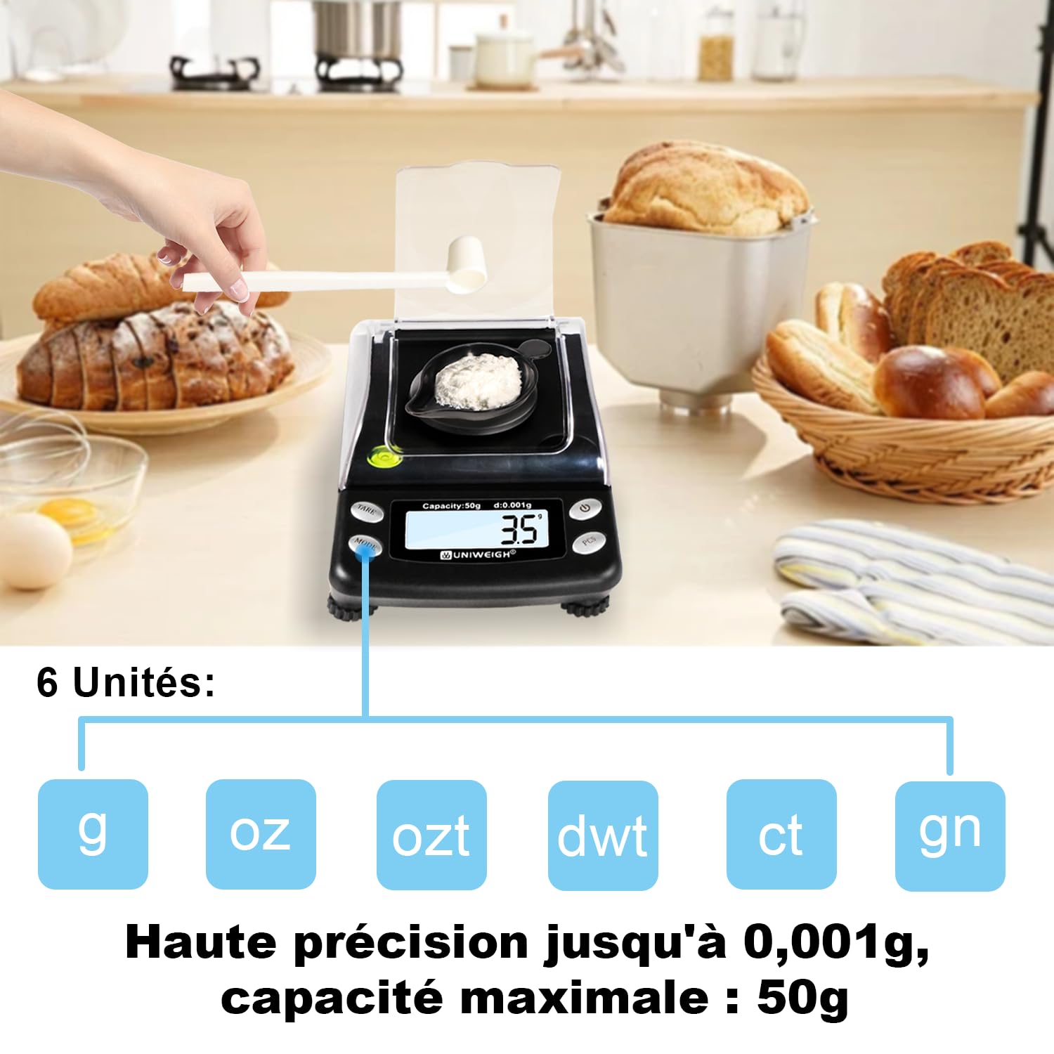 UNIWEIGH Balance Digitale Précise 0.001g/50g en Milligramme - Pour Bijoux, Poudre, Or - Micro Balance Avec 6 Unités, Tare, Poids Calibre - De Poche Avec USB et Batterie | Balance de précision pour bijoux, or, pierres précieuses, rechargement, micro-gramme
