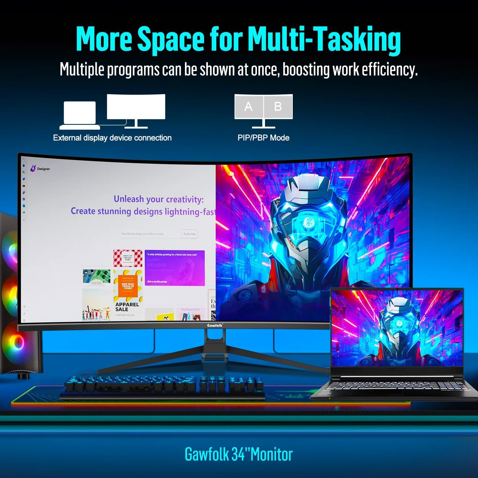 Gawfolk Écran PC Incurvé 34 Pouces Moniteur Gaming 1500R 165Hz UWQHD 2K 3440x1440 128% sRGB 1ms MPRT HDMI DP