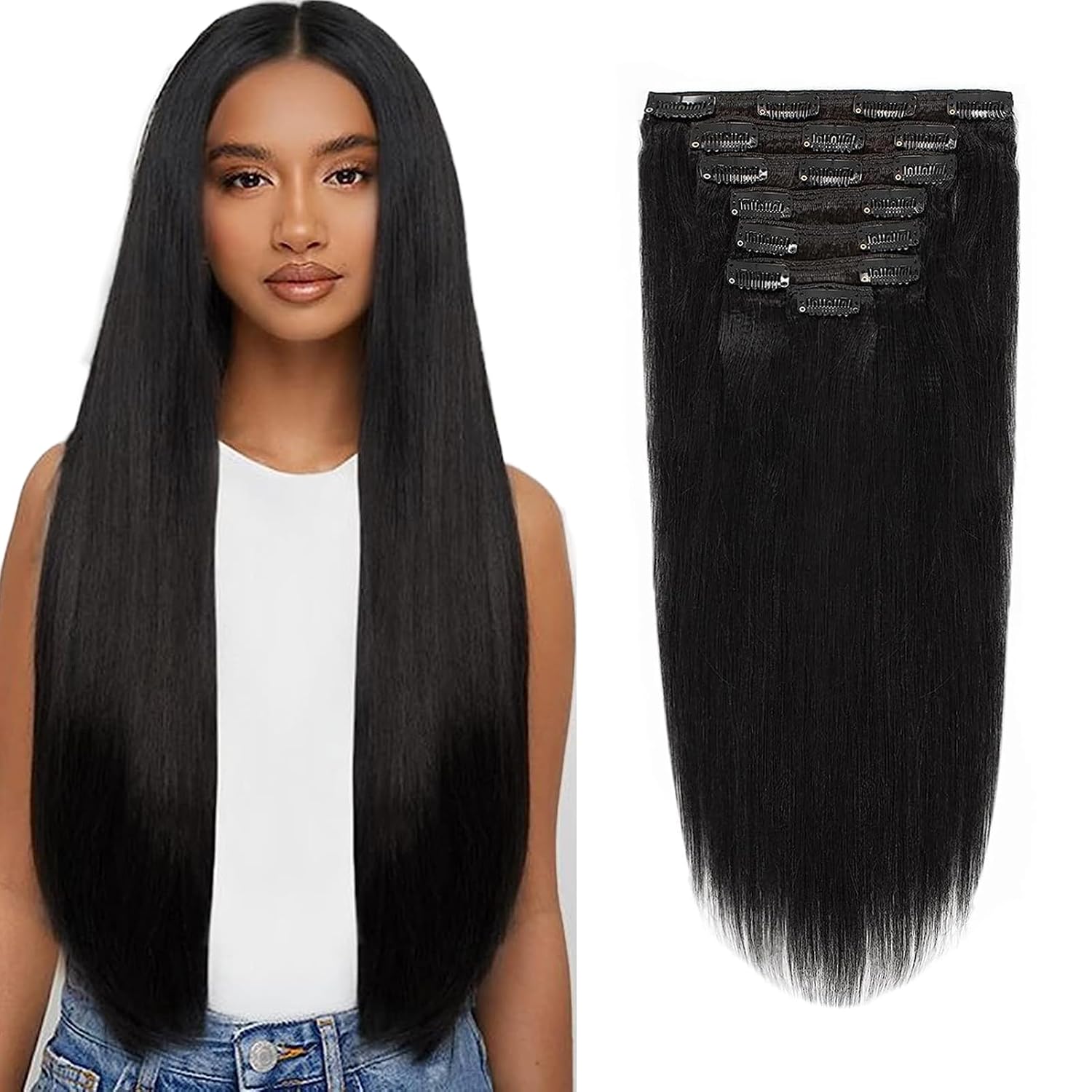 Loxxy Double Wefts Yaki Straight Clip in Hair Extensions 8A Grade Real Remy Human Hair Seamless Virgin 4C #1 Jet Black Fashion Hair For African Americans,10-22inch 120G/set 18 Inch 18 Inch (Pack of 1) Yaki Straight #1