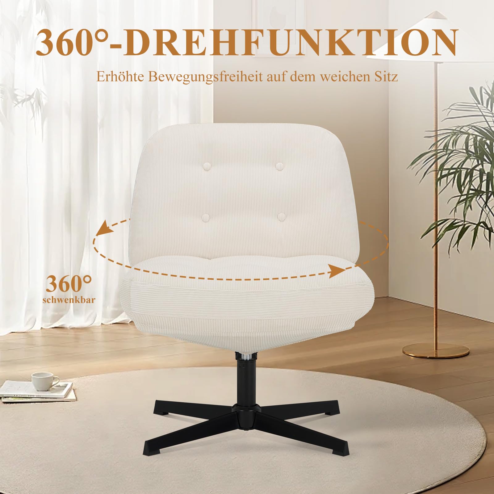 COLAMY Sessel Wohnzimmer, 360° Drehbarer Loungesessel mit Entspannung, Relaxsessel Gepolsterter Sofasessel mit Metallbeinen für Schlafzimmer, Polsterstuhl Akzentsessel für Heimbüro, Weiß
