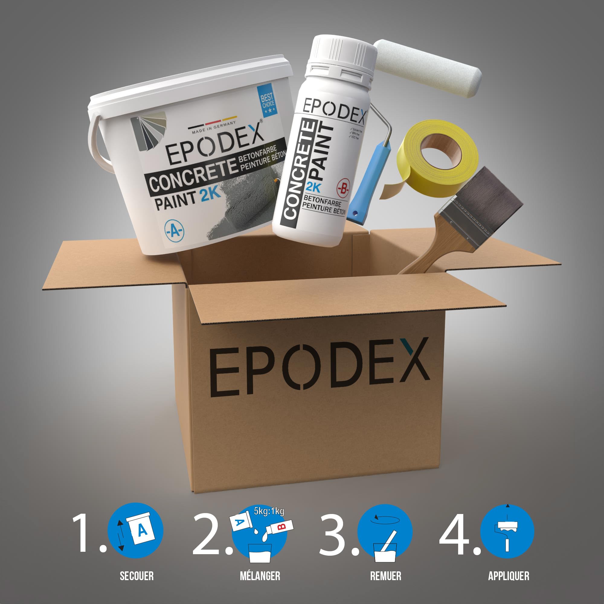 EPODEX 2K Peinture béton résine époxy sol 1,8kg Noir foncé Imperméable Intérieure