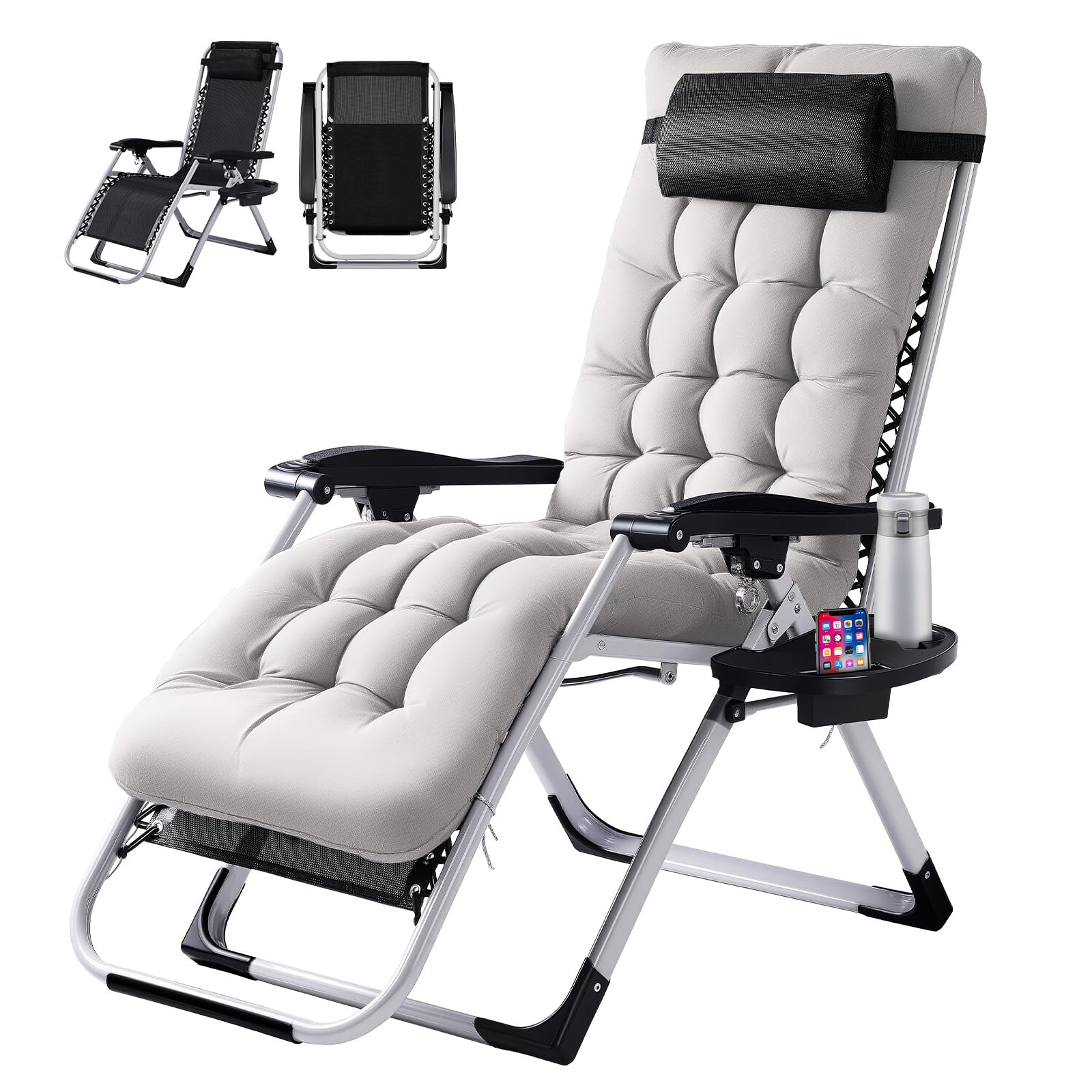 VINGLI Padded Zero Gravity Chair, Lounge Chair with Removable Cushion & Tray? Folding Reclining Patio Chairs? Recliner Chair for Lawn?Indoor and Outdoor