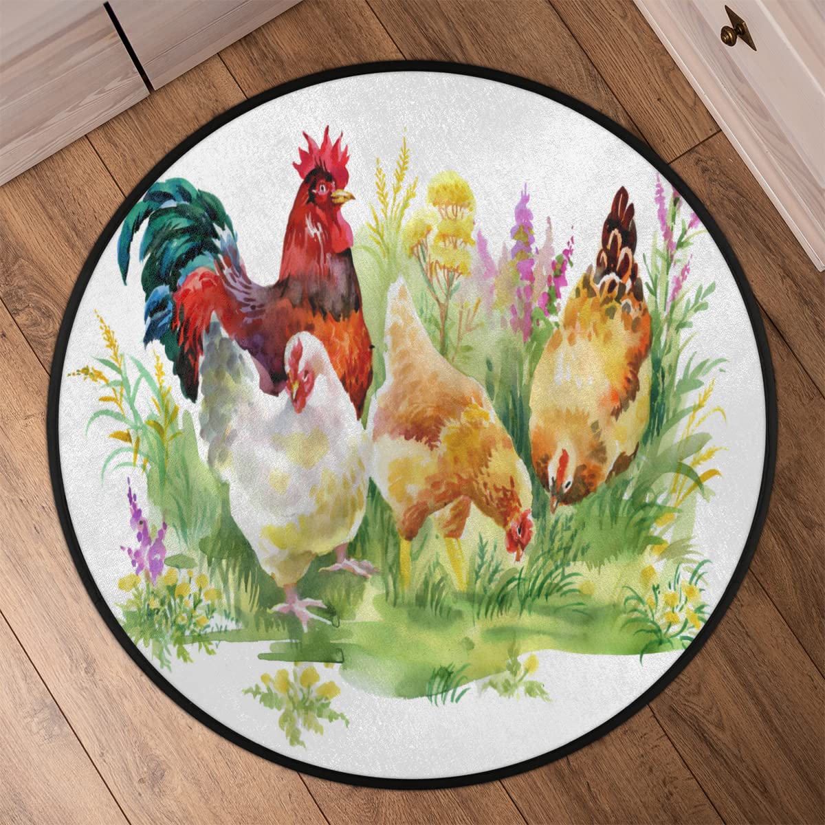 TropicalLife Okrągły dywanik z kurczakami, 160 cm, kurczaki, kogut, kogut, dywaniki, do pokoju, domu, wewnątrz, antypoślizgowa, do wewnątrz, duża mata
