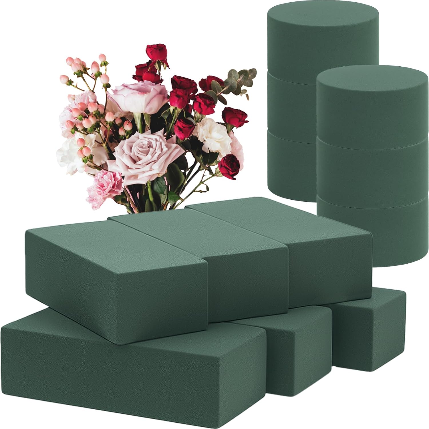 Pangda 12 Pcs Floral Foam Blocks and Round Block, Green Wet Dry Flower Foam for Fresh Artificial Flower Arrangement, Florist Supplies for Diys Arts Crafts Weddings Home Garden Decoration