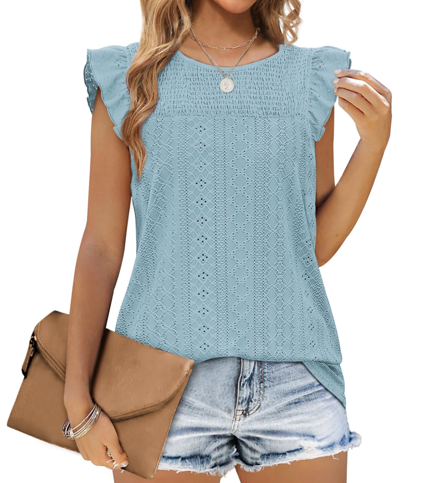 Jescakoo Tank Tops for Women Hollow Ruffle Sleeve Tops for Women Sleeveless Blouses Trendy Spring Summer Clothes 2025