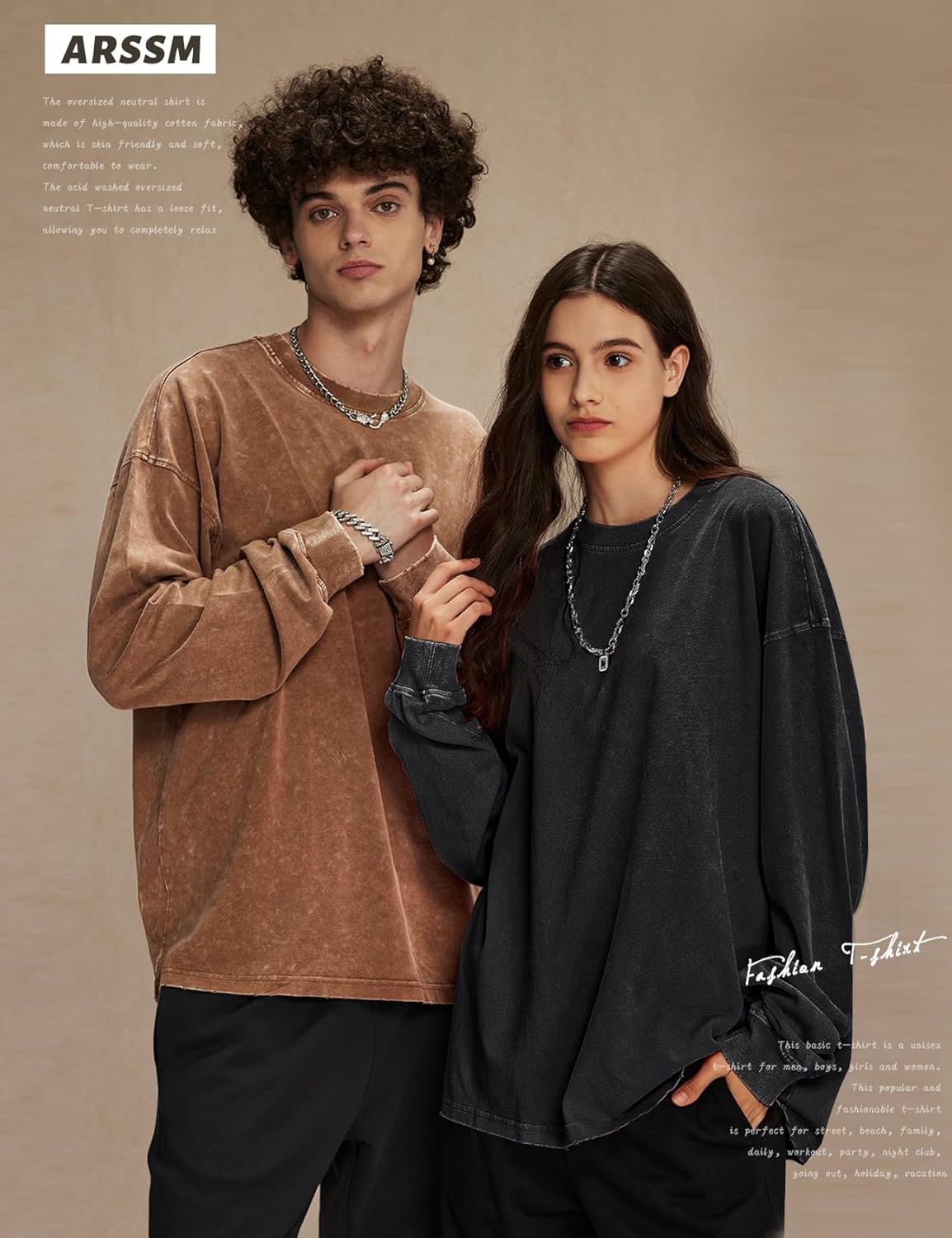 Arssm Oversized T-Shirts for Women Cotton Long Sleeve Vintage Acid Wash Baggy T Shirts - Image 7