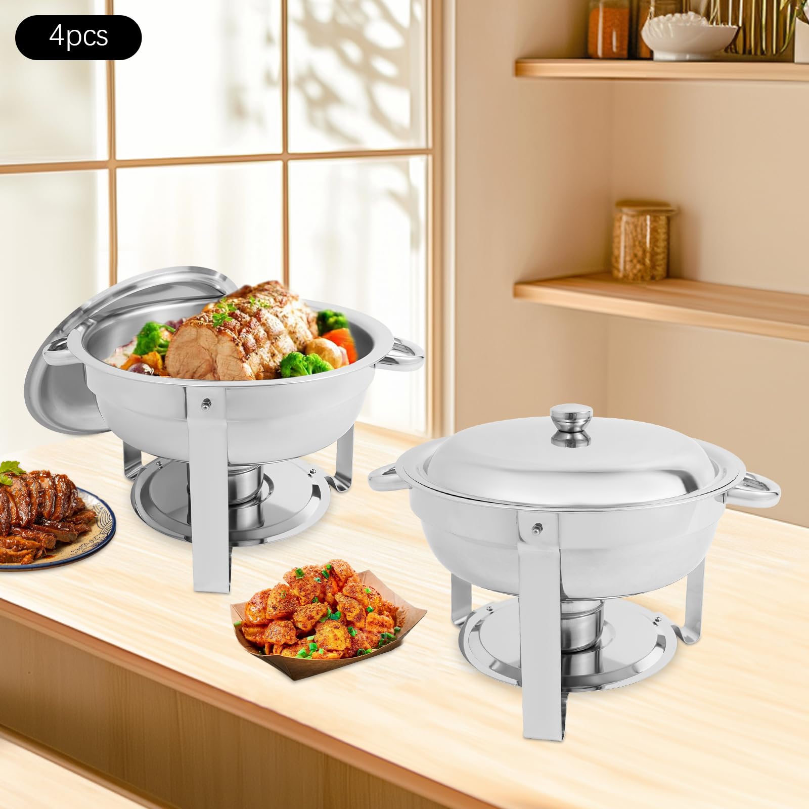 Set di 4 contenitori rotondi da 4,5 l, scaldavivande con coperchio, scalda buffet, piatti da portata a buffet in acciaio inox, per ristoranti, buffet, hotel