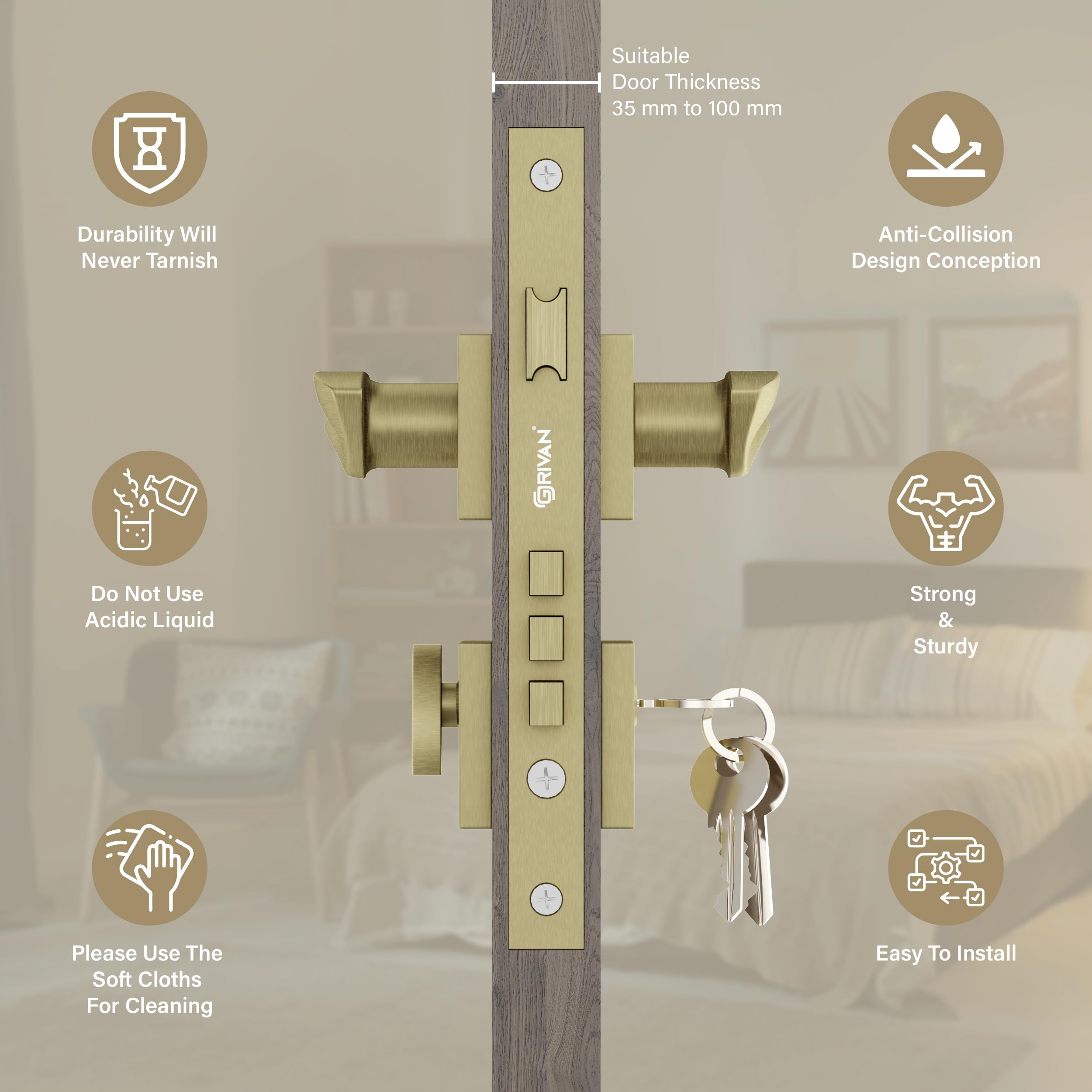 GRIVAN Ultra-Durable Brass Mortise Door Lock Set | Main Door Lock for Home/Office/Bedroom with 2 Years Warrenty (Antique Finish) — Amazon image 4