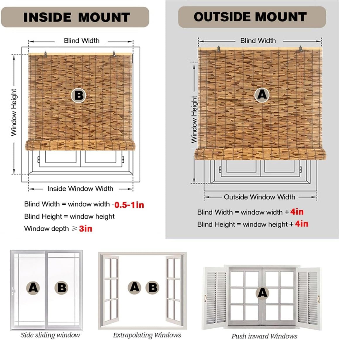 Brown Bamboo Blinds Outdoor Cordless Roller Shades for Patio Shade Porch Privacy Roller Blinds, 36" 48" 52" 60" 72" 84" Bamboo Roman Shades for Indoor Windows Easy Install Roll Up Blinds(48"W x 48"H)