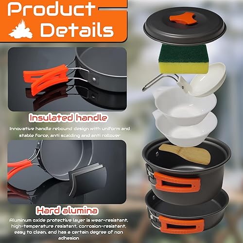 Miniatura 3 de Juego de 7 sartenes para acampar, juego de ollas y sartenes de mochila, kit de cocina de supervivencia para senderismo, picnic